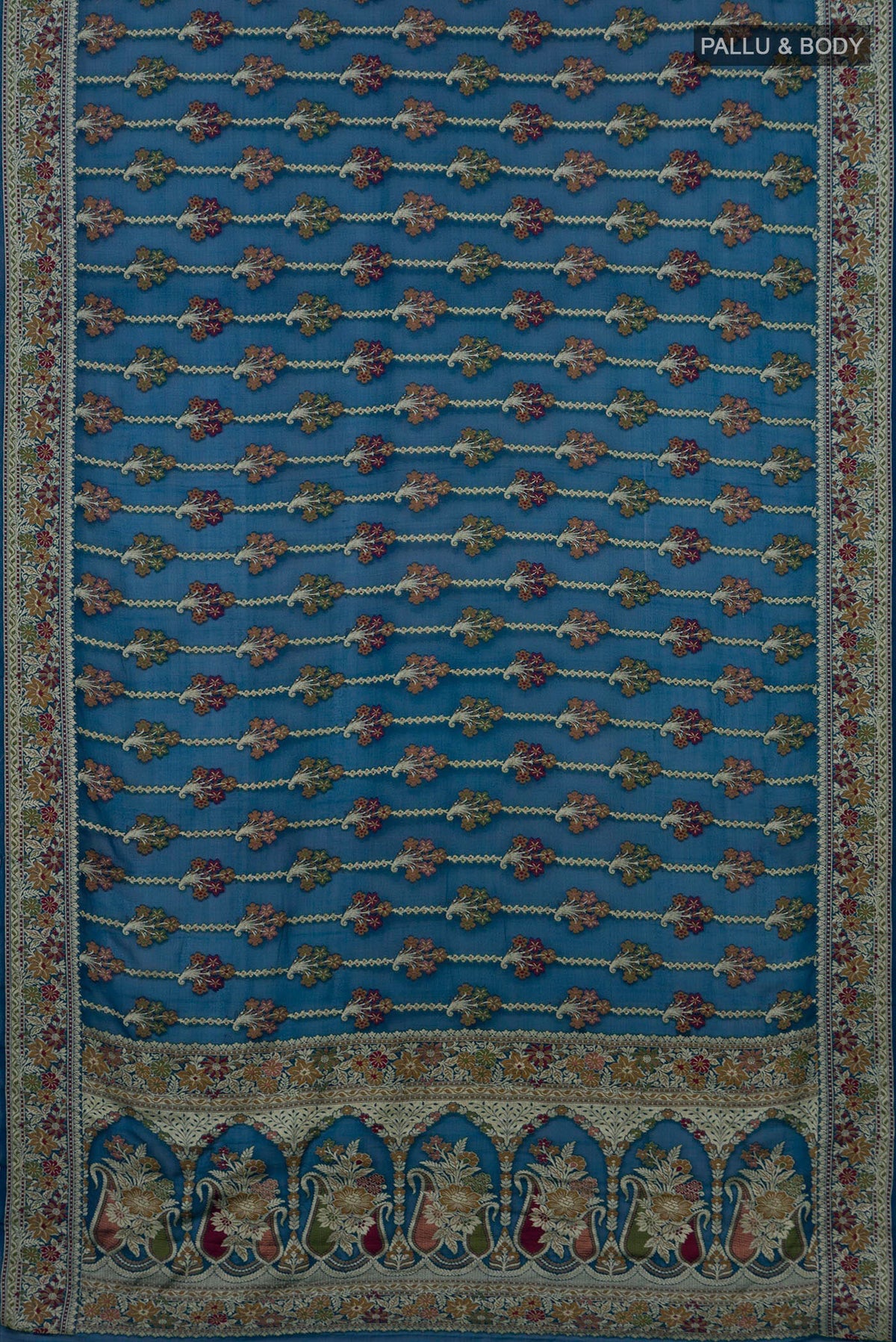 Flat view of Blue Banarasi Georgette Saree with Thread Butta on the body and Fancy Border. 