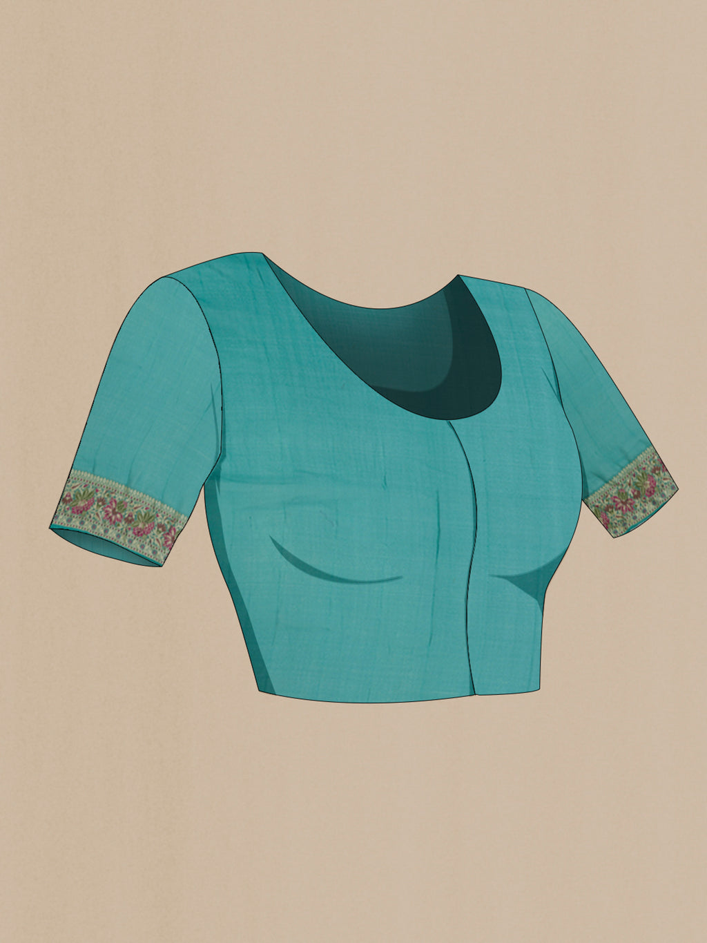 Close up image of the blouse of Blue Banarasi Georgette Saree with Thread Butta on the body and Thread Border. 