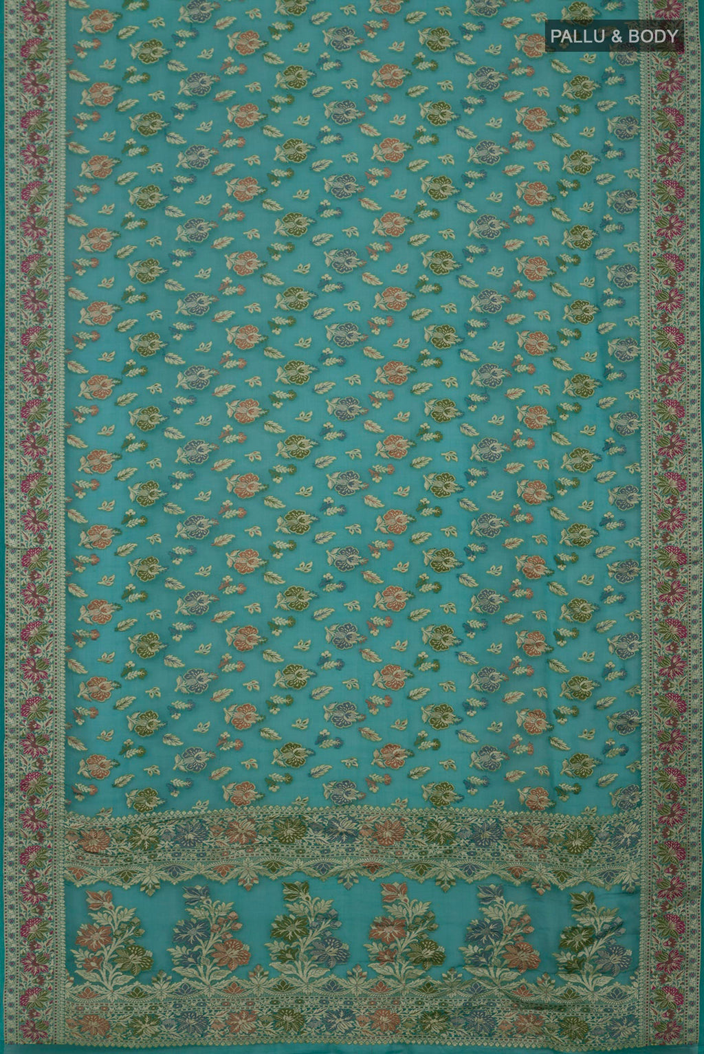 Flat view of Blue Banarasi Georgette Saree with Thread Butta on the body and Thread Border. 