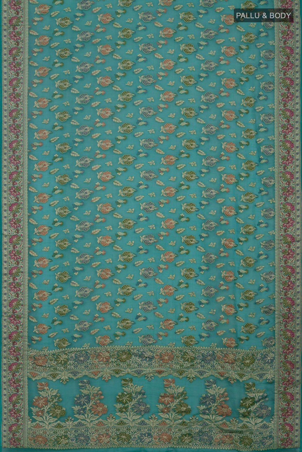 Flat view of Blue Banarasi Georgette Saree with Thread Butta on the body and Thread Border. 