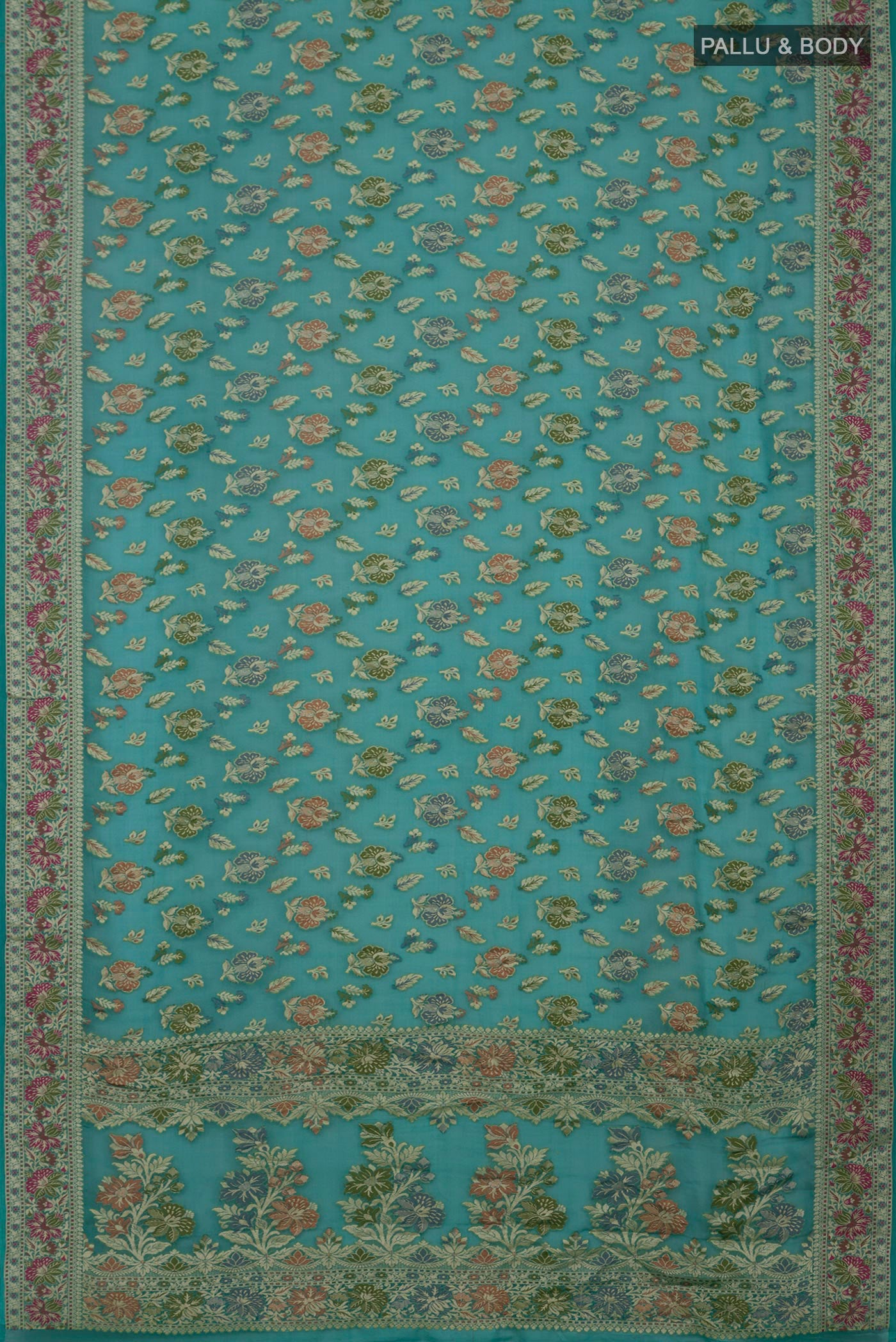 Flat view of Blue Banarasi Georgette Saree with Thread Butta on the body and Thread Border. 