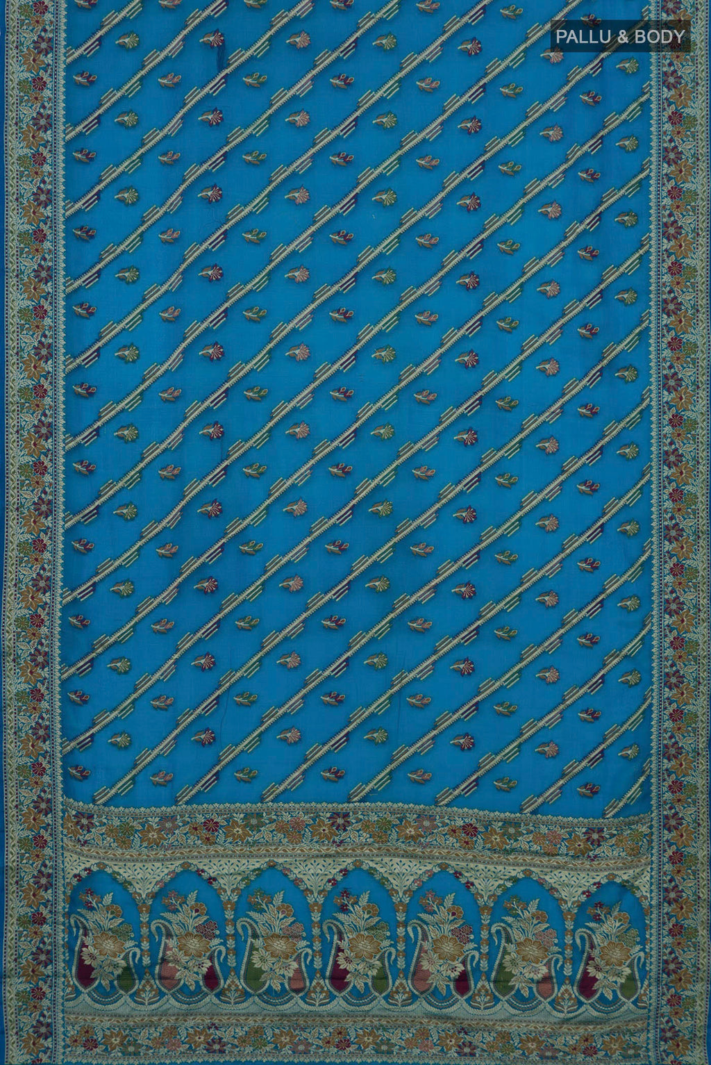 Flat view of Blue Banarasi Georgette Saree with Thread Butta on the body and Fancy Border. 