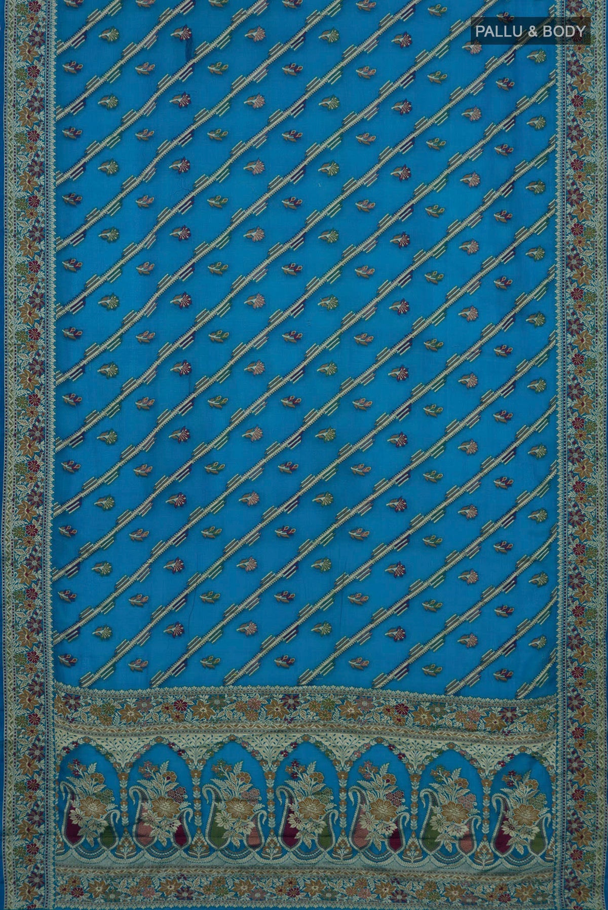 Flat view of Blue Banarasi Georgette Saree with Thread Butta on the body and Fancy Border. 