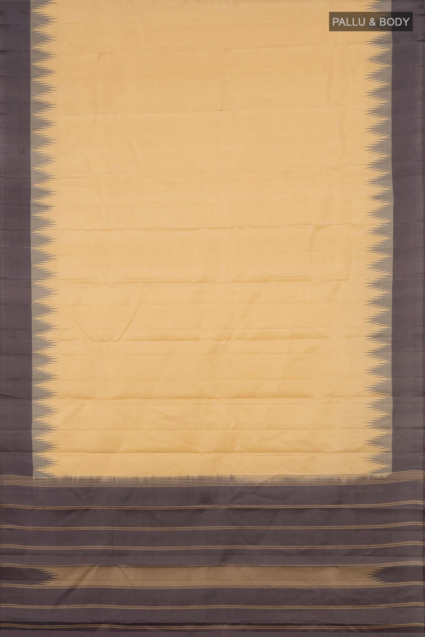 Flat view of Sandal Kanchipuram Silk Saree with Plain Body and Temple Border. 