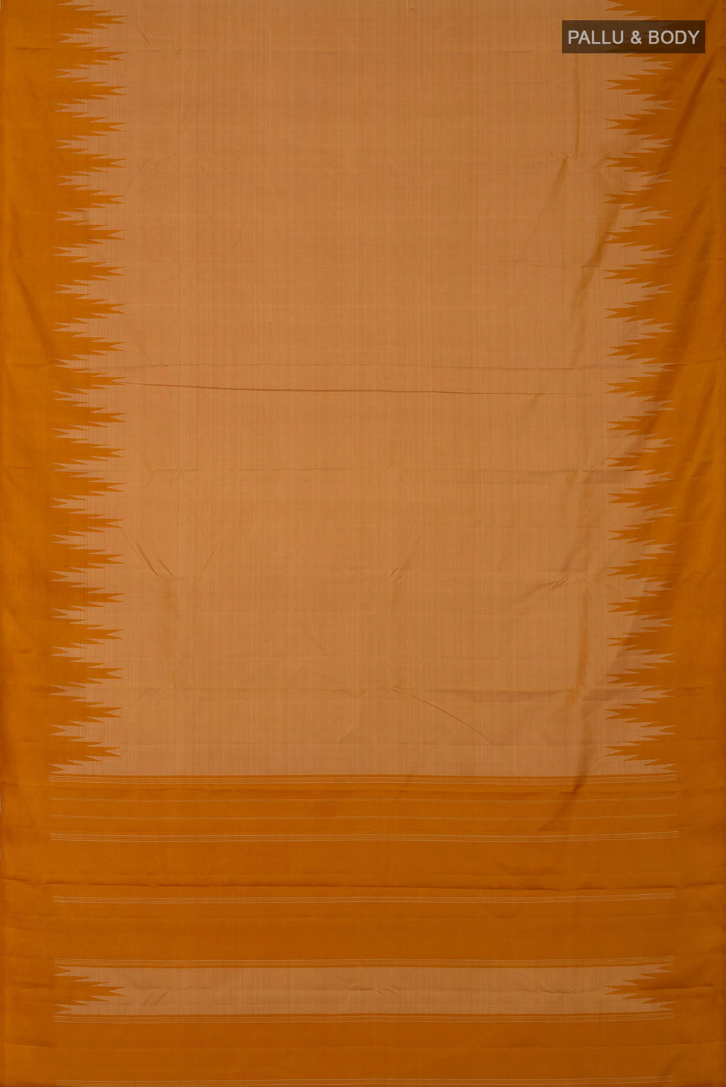 Flat view of Sandal Kanchipuram Silk Saree with Plain Body and Temple Border. 