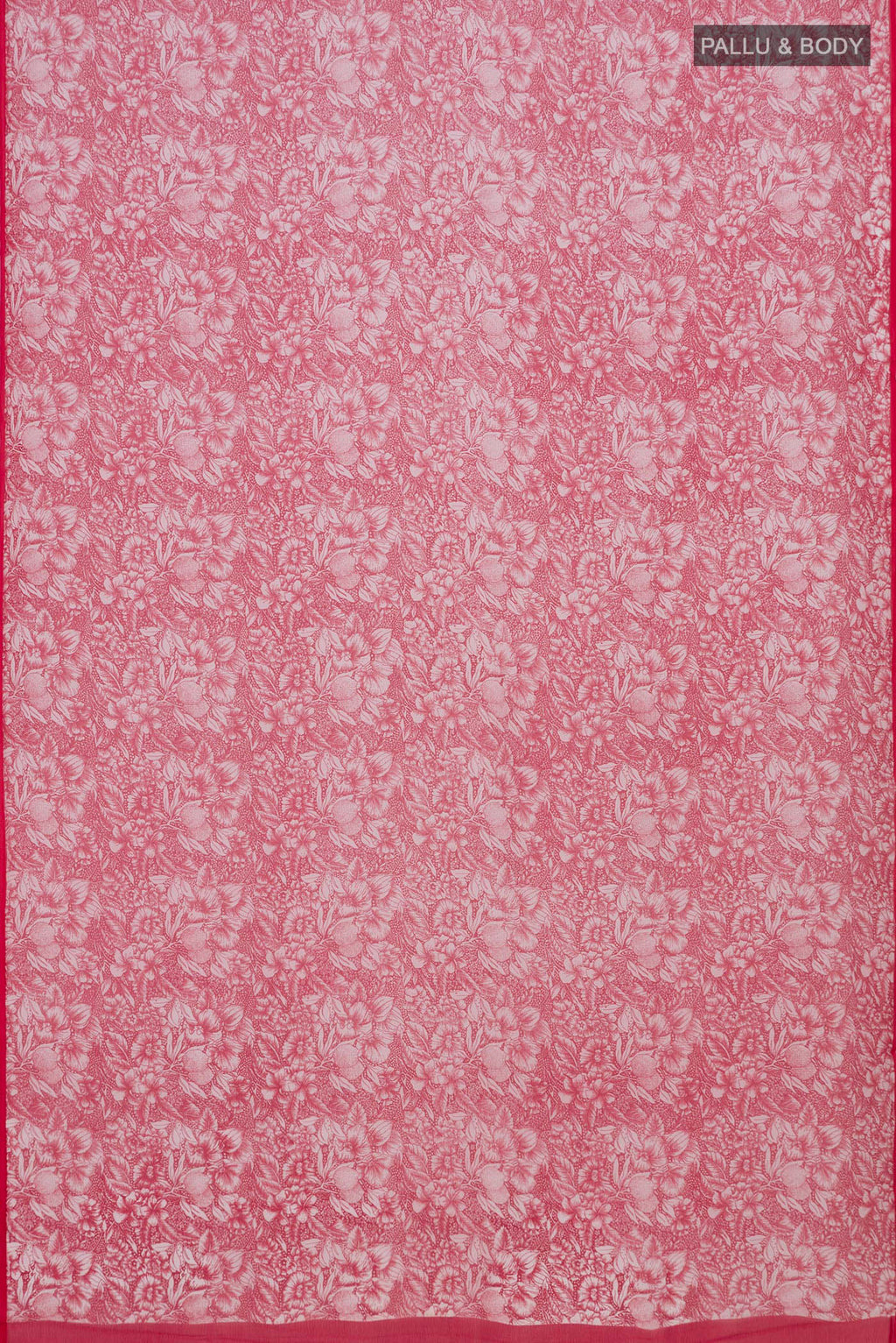 Flat view of Red Mysore Chiffon Saree with Printed design on the body and Without Border. 