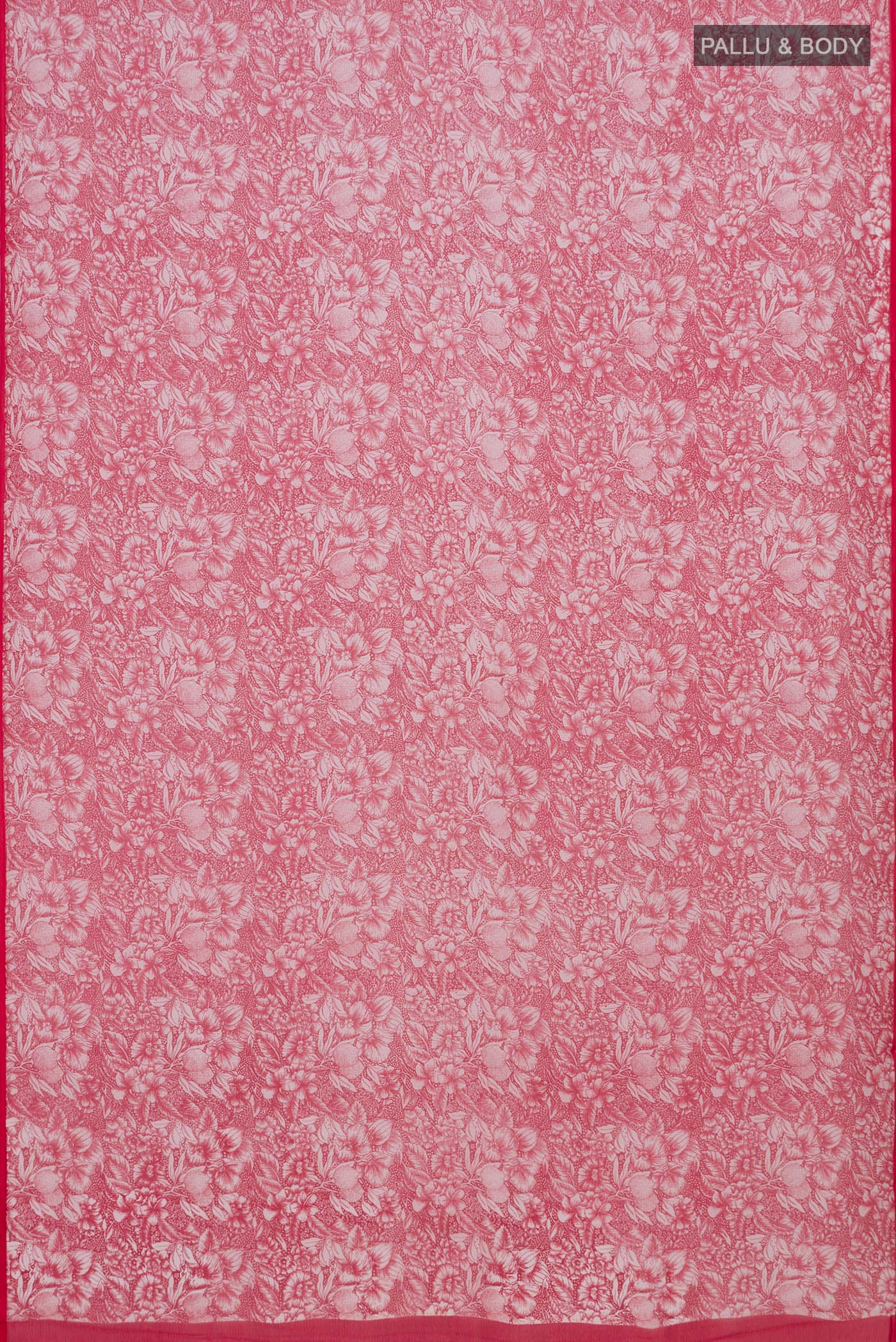 Flat view of Red Mysore Chiffon Saree with Printed design on the body and Without Border. 