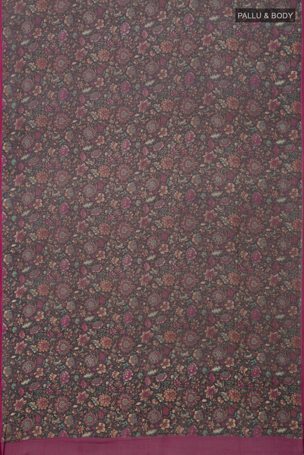 Flat view of Black Mysore Chiffon Saree with Printed design on the body and Without Border. 