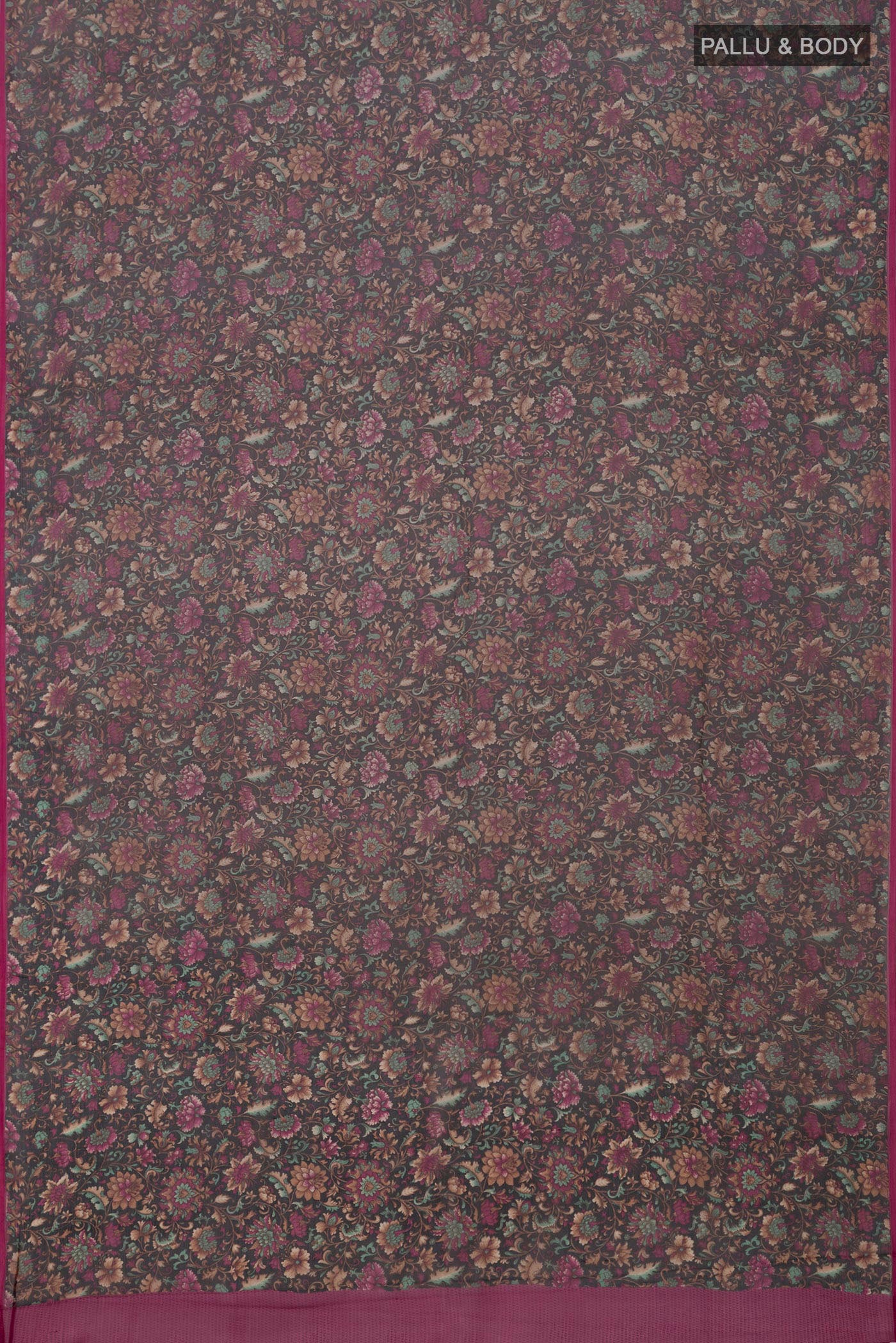 Flat view of Black Mysore Chiffon Saree with Printed design on the body and Without Border. 