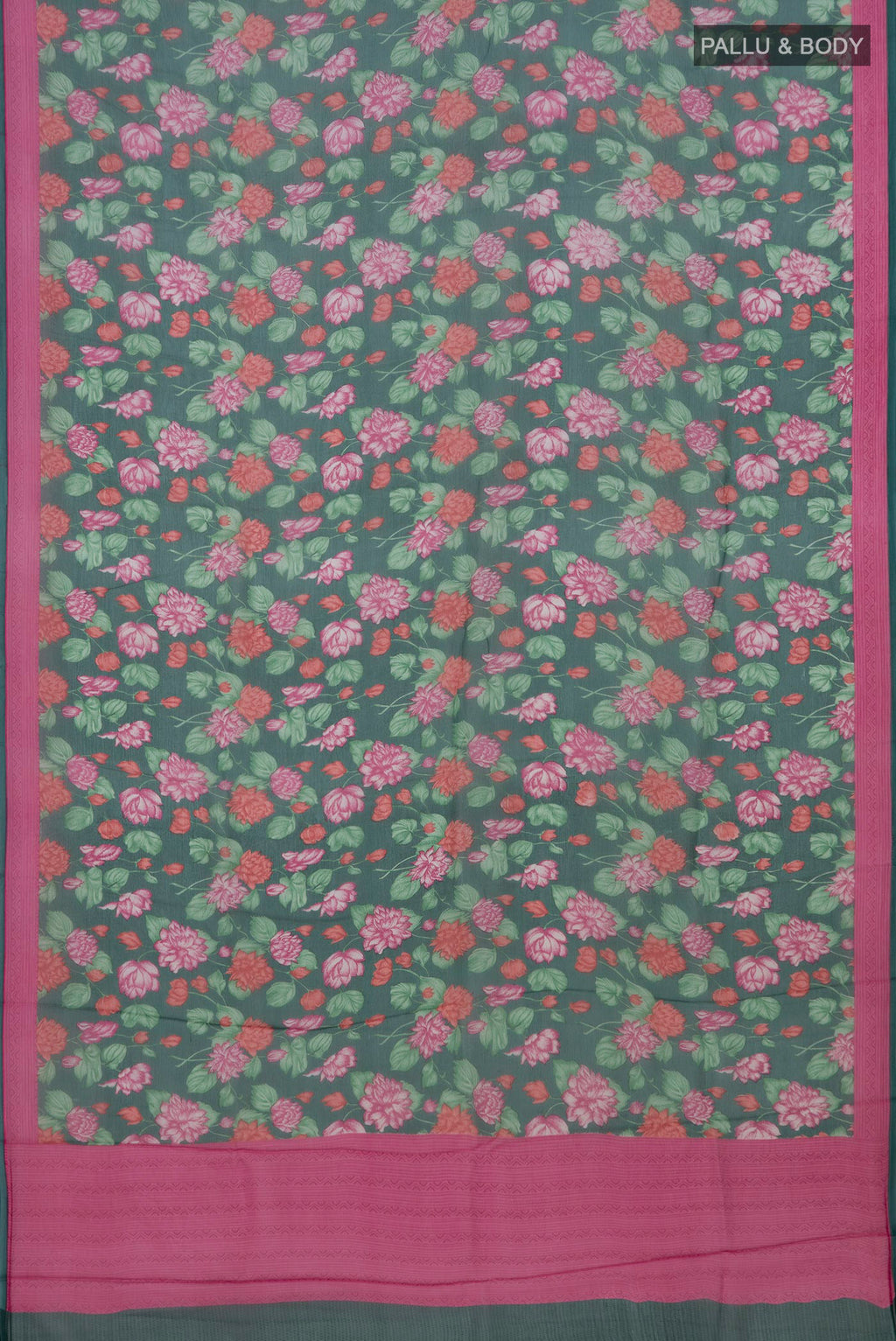 Flat view of Green Mysore Chiffon Saree with Floral Print on the body and Printed Border. 