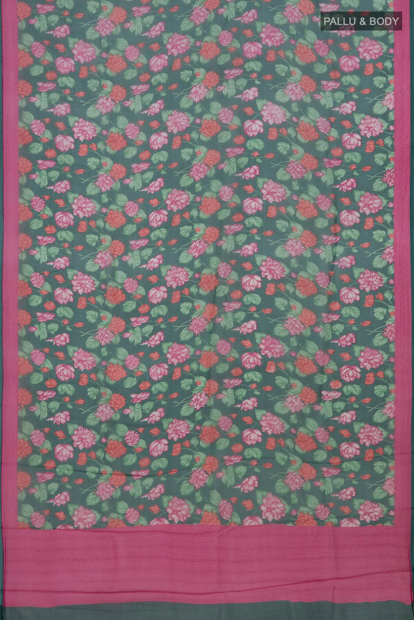 Flat view of Green Mysore Chiffon Saree with Floral Print on the body and Printed Border. 