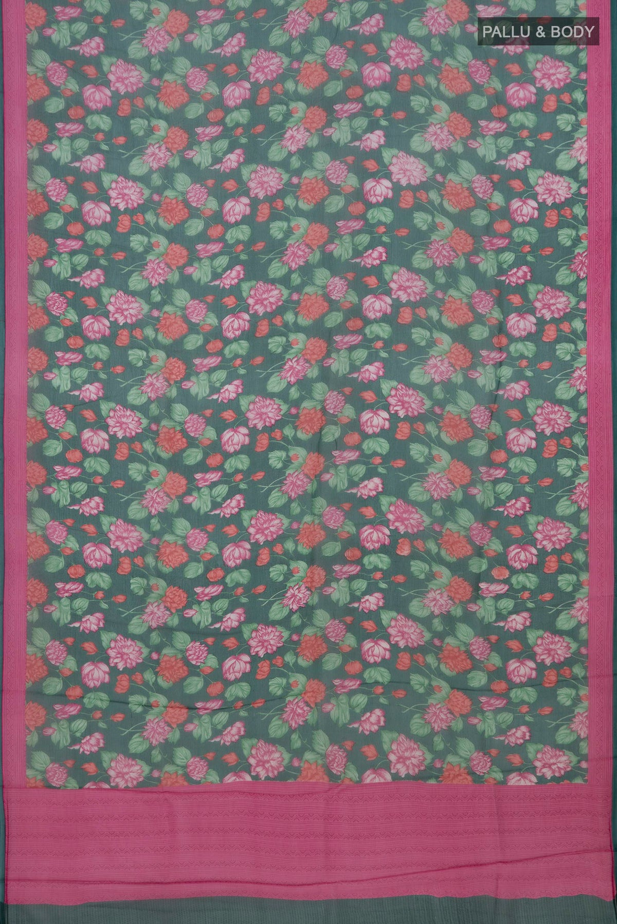 Flat view of Green Mysore Chiffon Saree with Floral Print on the body and Printed Border. 
