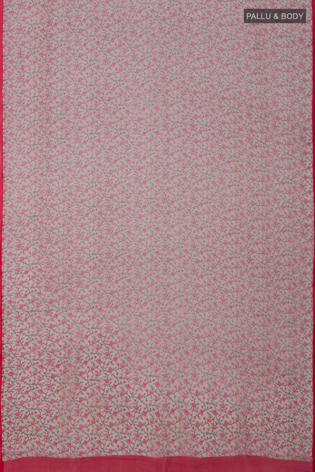 Flat view of Grey Mysore Chiffon Saree with Printed design on the body and Without Border. 