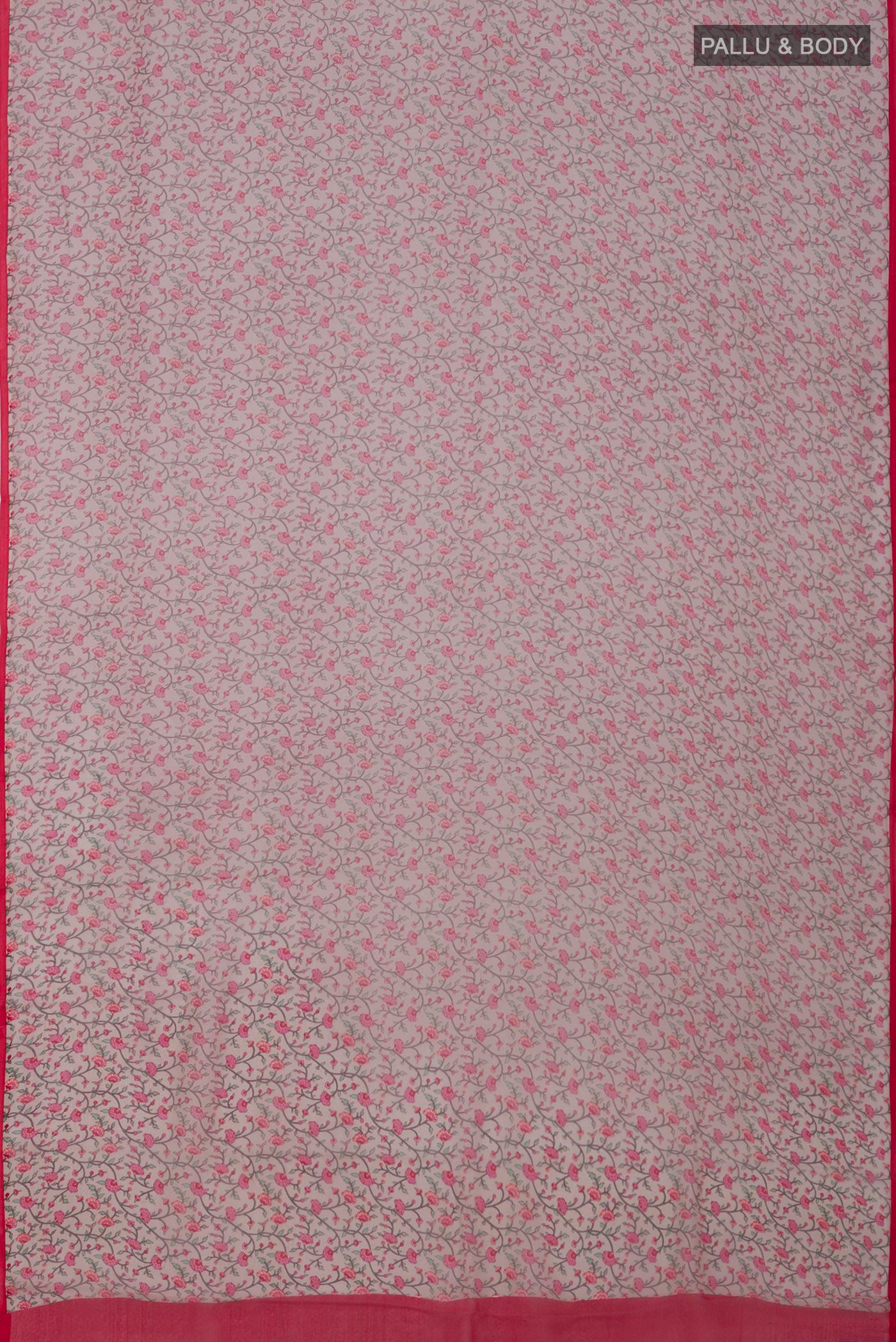 Flat view of Grey Mysore Chiffon Saree with Printed design on the body and Without Border. 