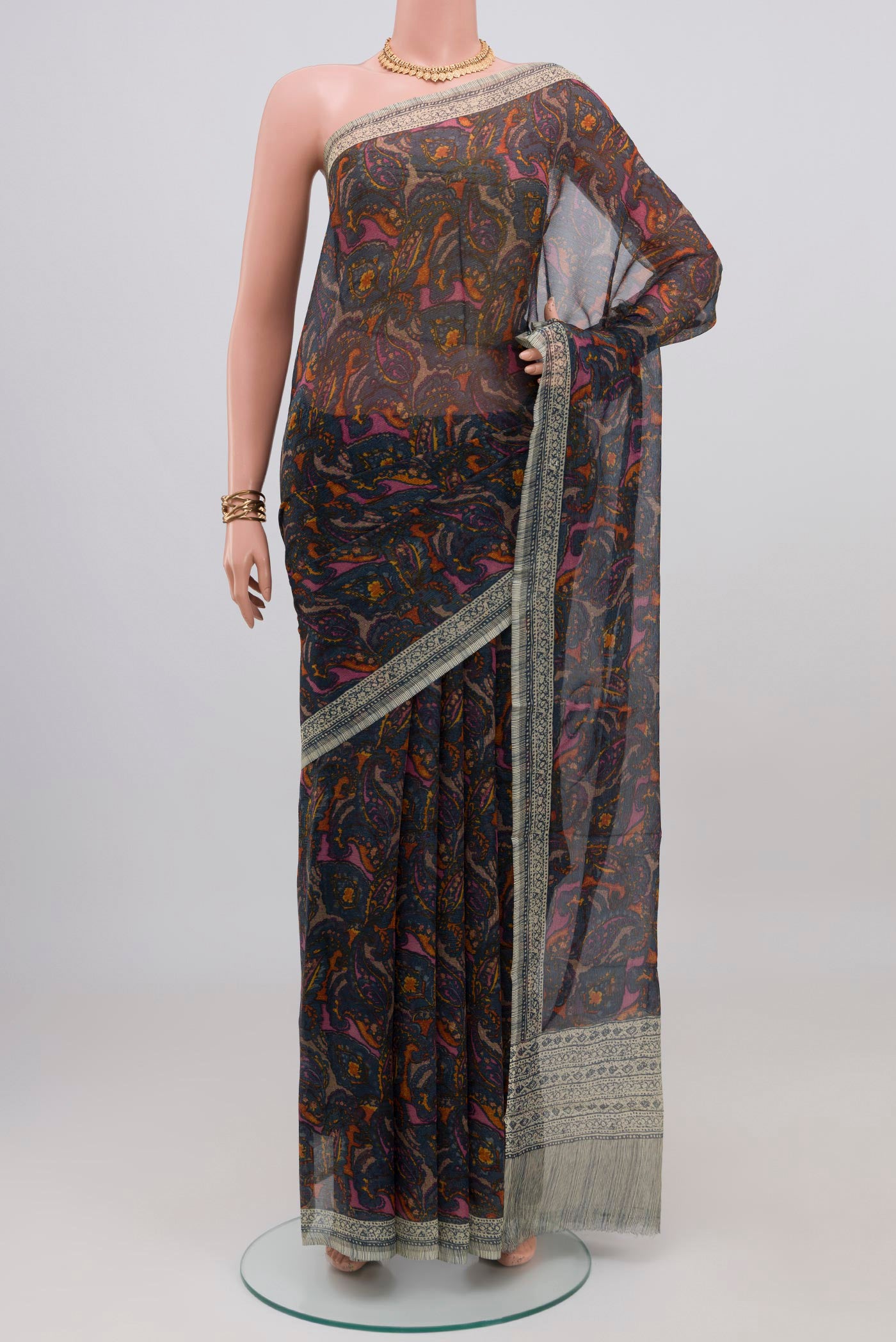 Blue Mysore Chiffon Saree with Printed design on the body and Without Border.  displayed on a mannequin