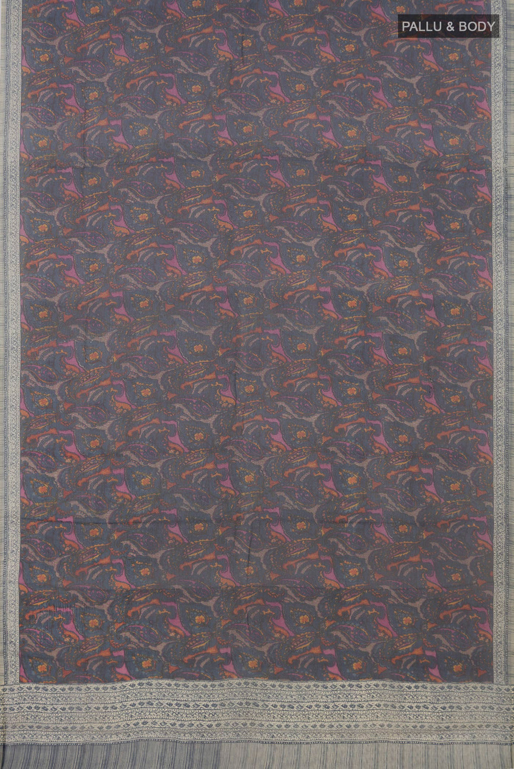 Flat view of Blue Mysore Chiffon Saree with Printed design on the body and Without Border. 