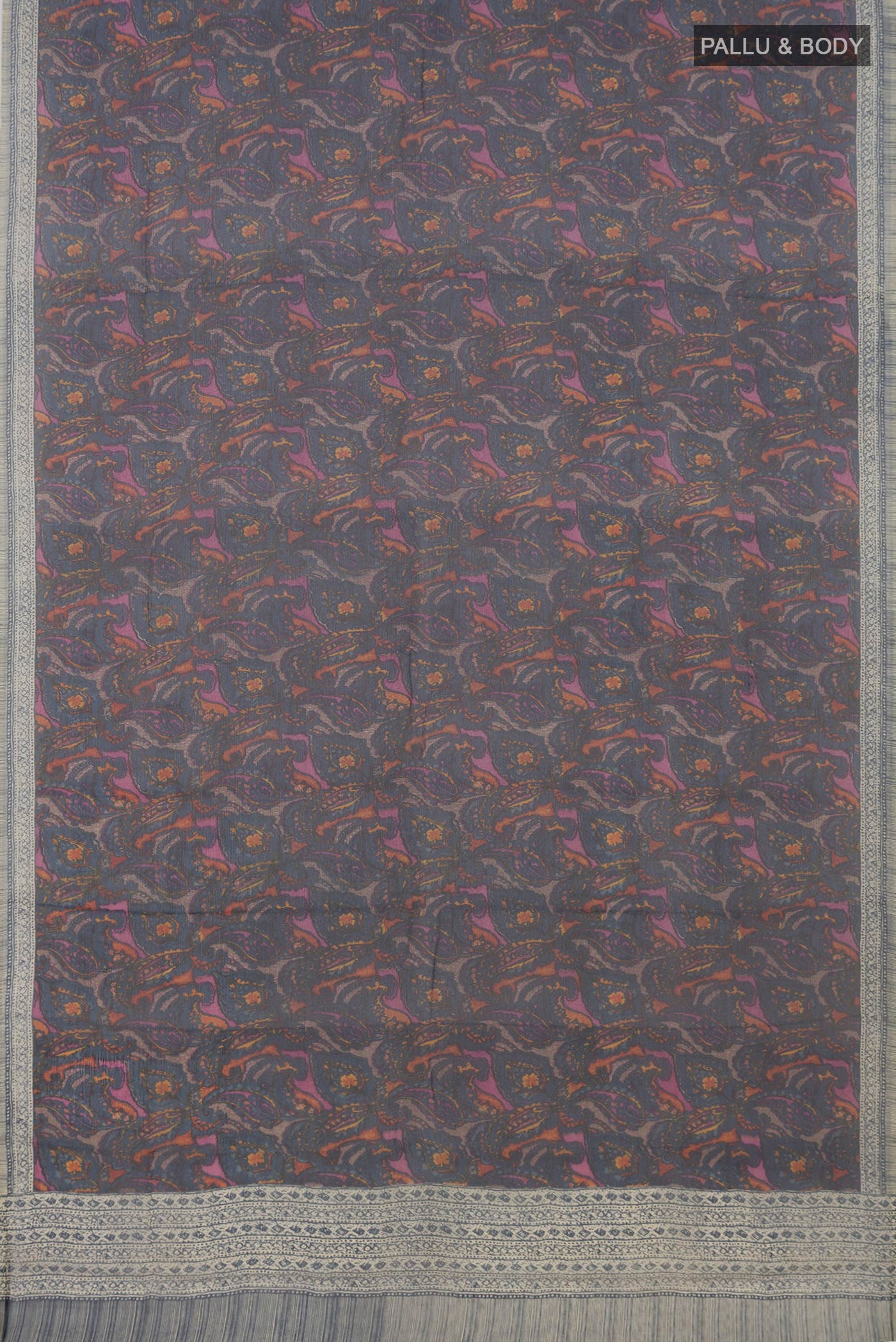 Flat view of Blue Mysore Chiffon Saree with Printed design on the body and Without Border. 