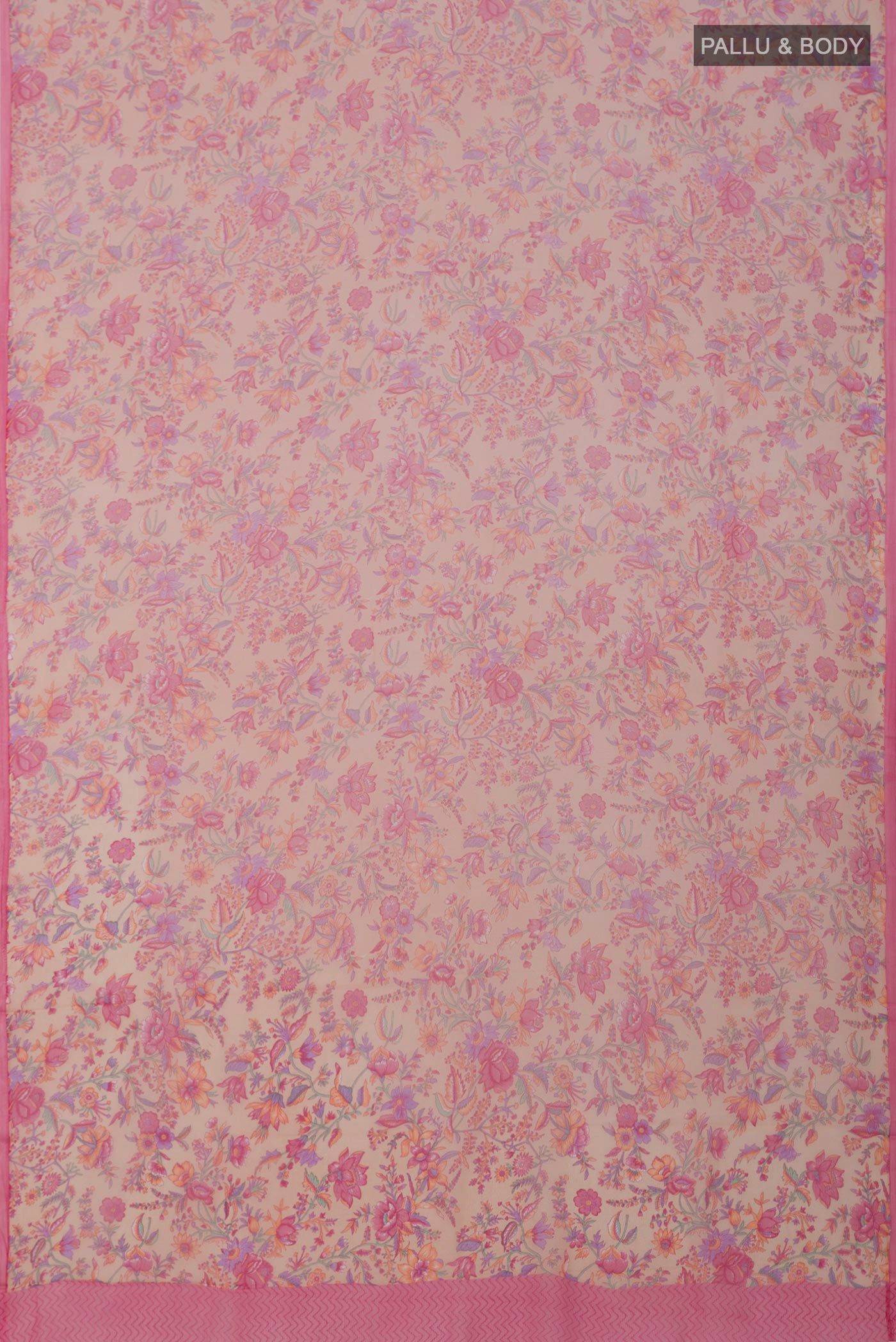 Flat view of Peach Mysore Chiffon Saree with Printed design on the body and Without Border. 
