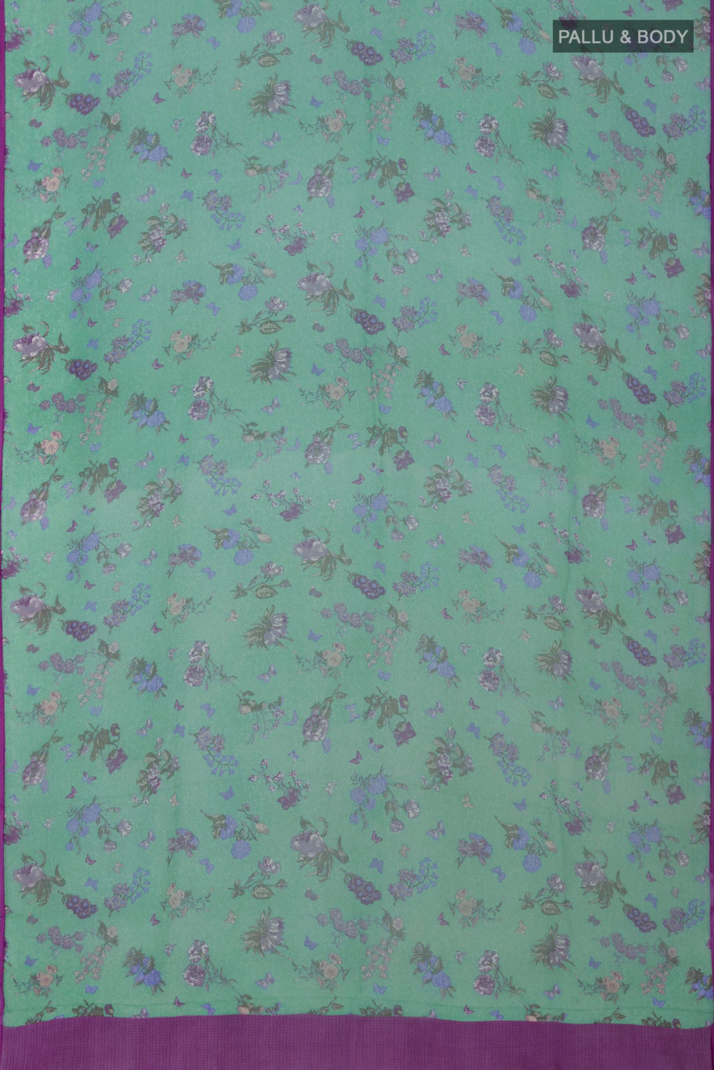 Flat view of Green Chiffon Saree with Printed design on the body and Without Border. 