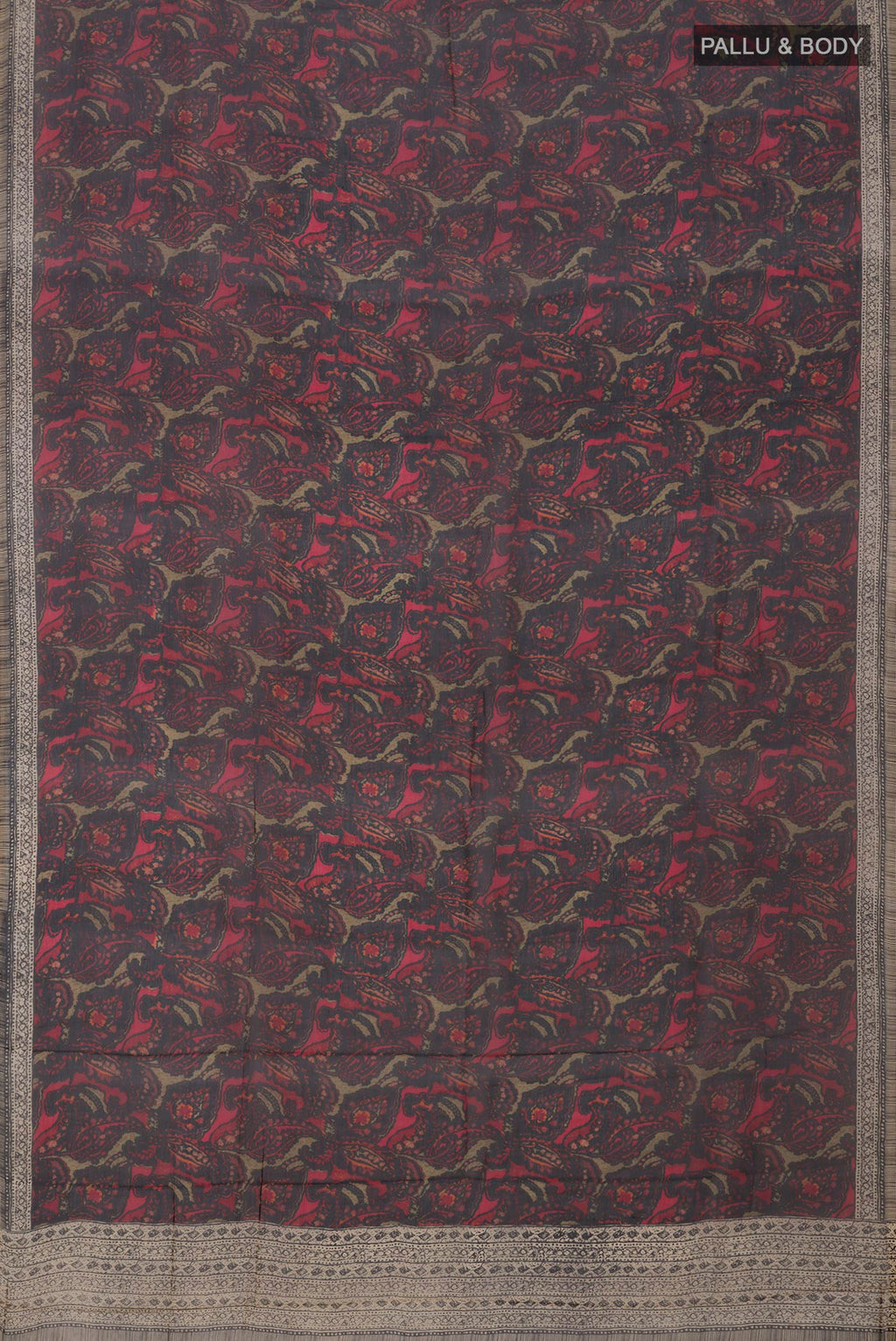 Flat view of Black Mysore Chiffon Saree with Printed design on the body and Printed Border. 