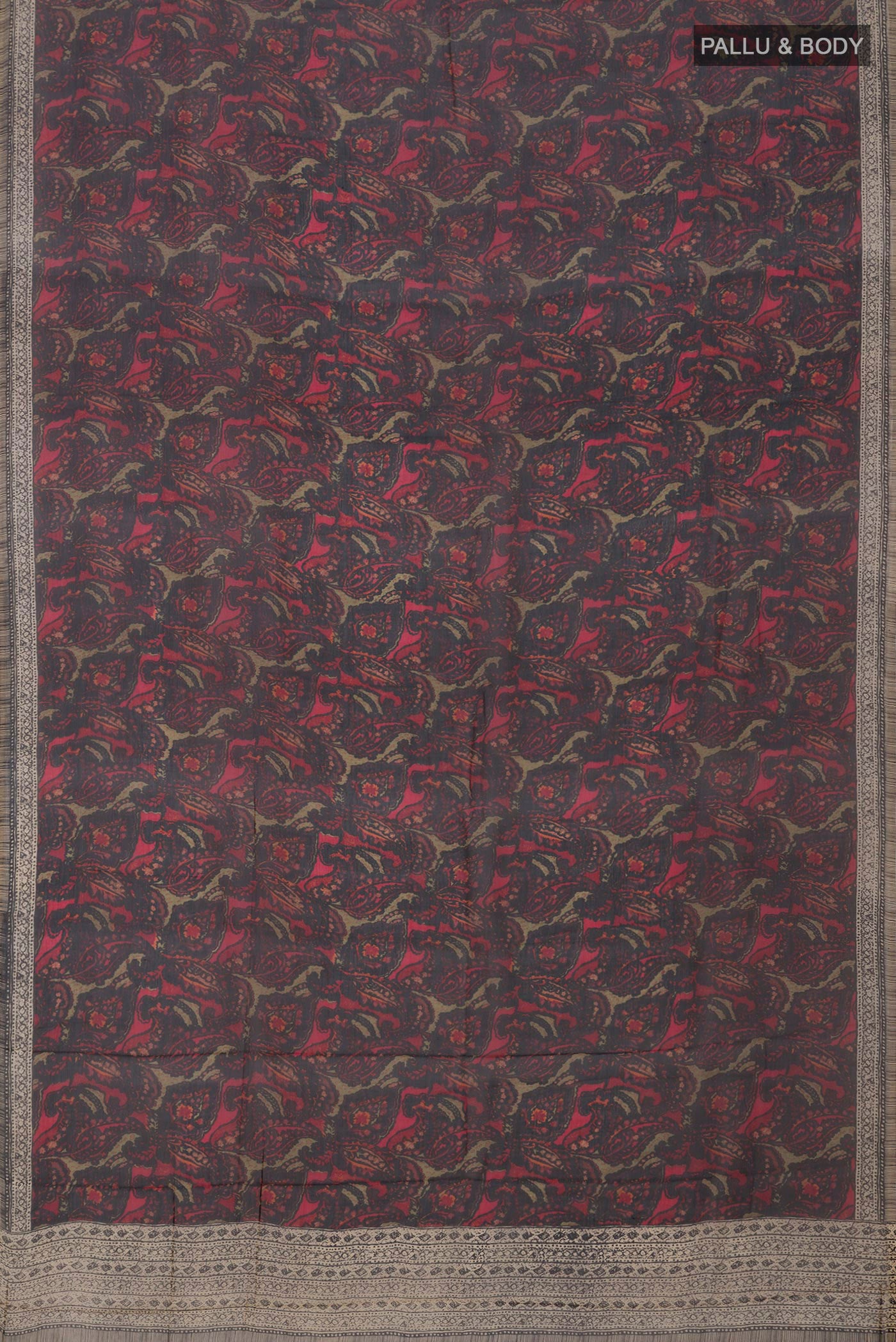 Flat view of Black Mysore Chiffon Saree with Printed design on the body and Printed Border. 