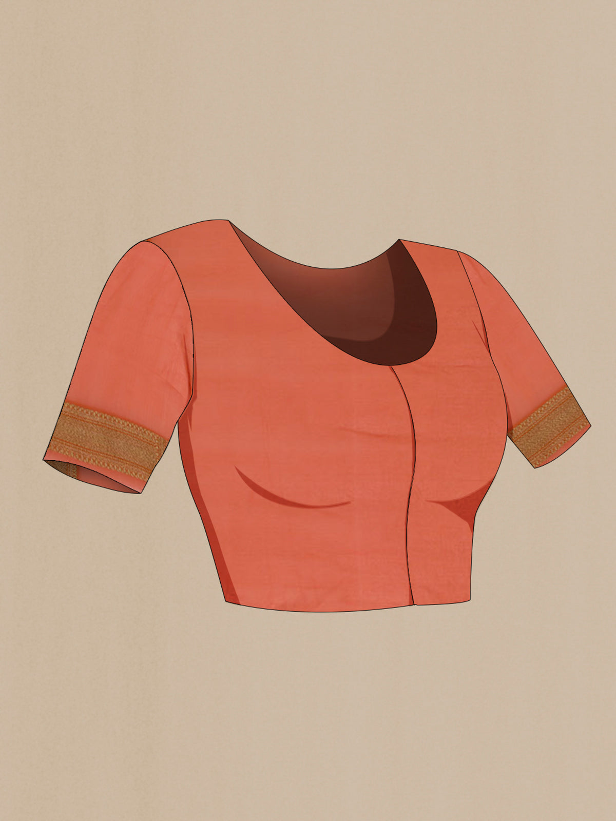 Close up image of the blouse of Brick Orange Banarasi Georgette Saree with Zari Brocade on the body and Zari Border. 