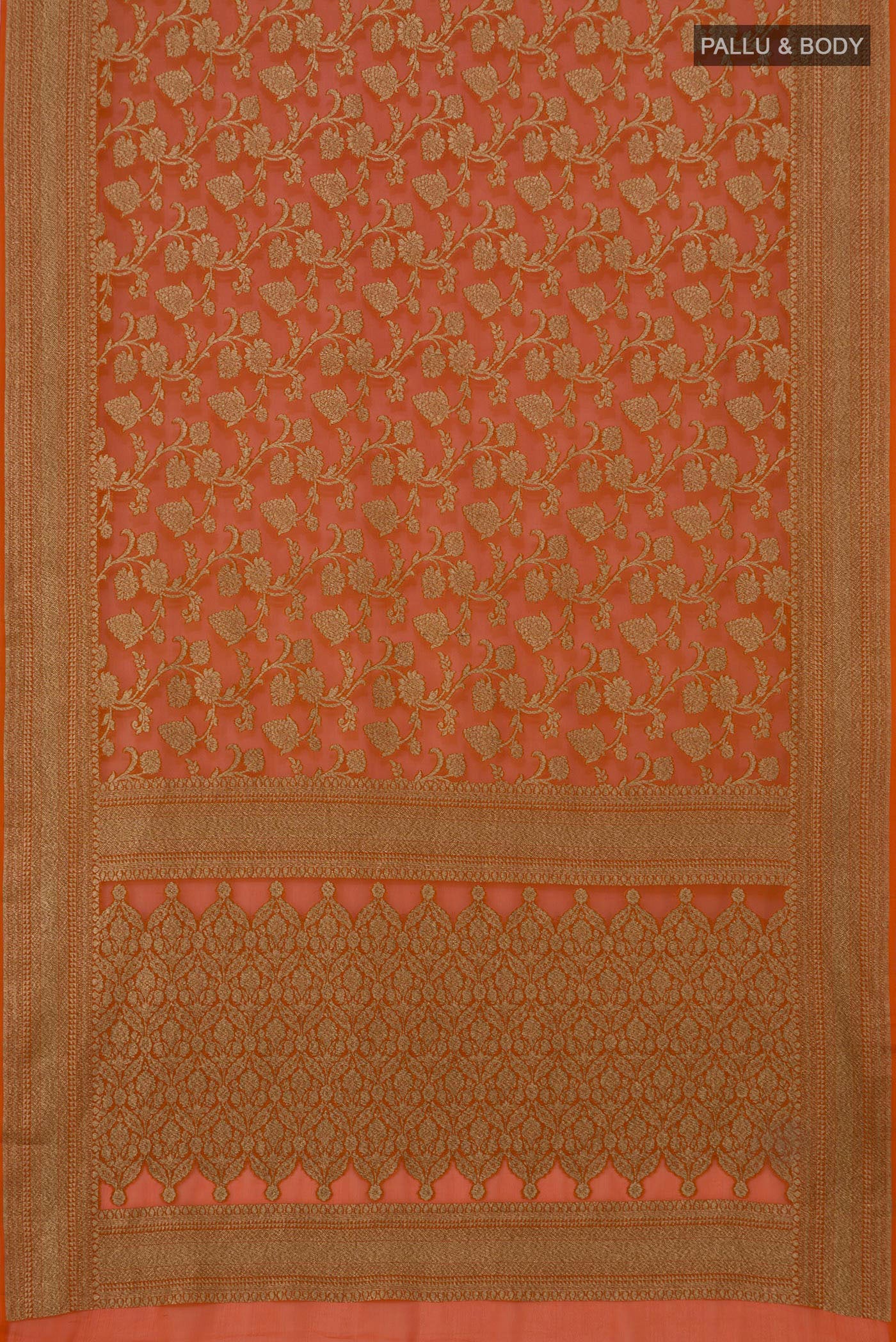 Flat view of Brick Orange Banarasi Georgette Saree with Zari Brocade on the body and Zari Border. 