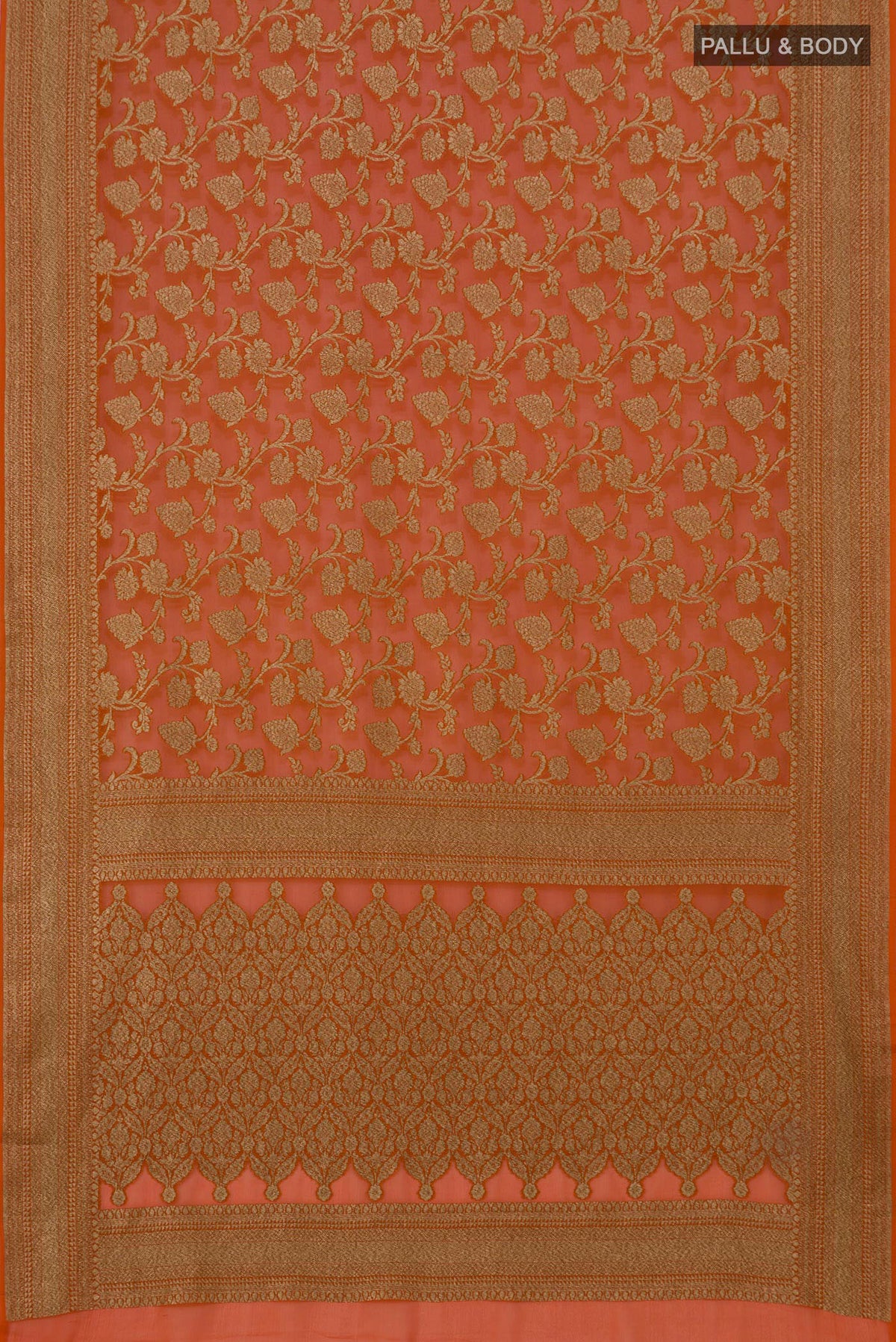 Flat view of Brick Orange Banarasi Georgette Saree with Zari Brocade on the body and Zari Border. 