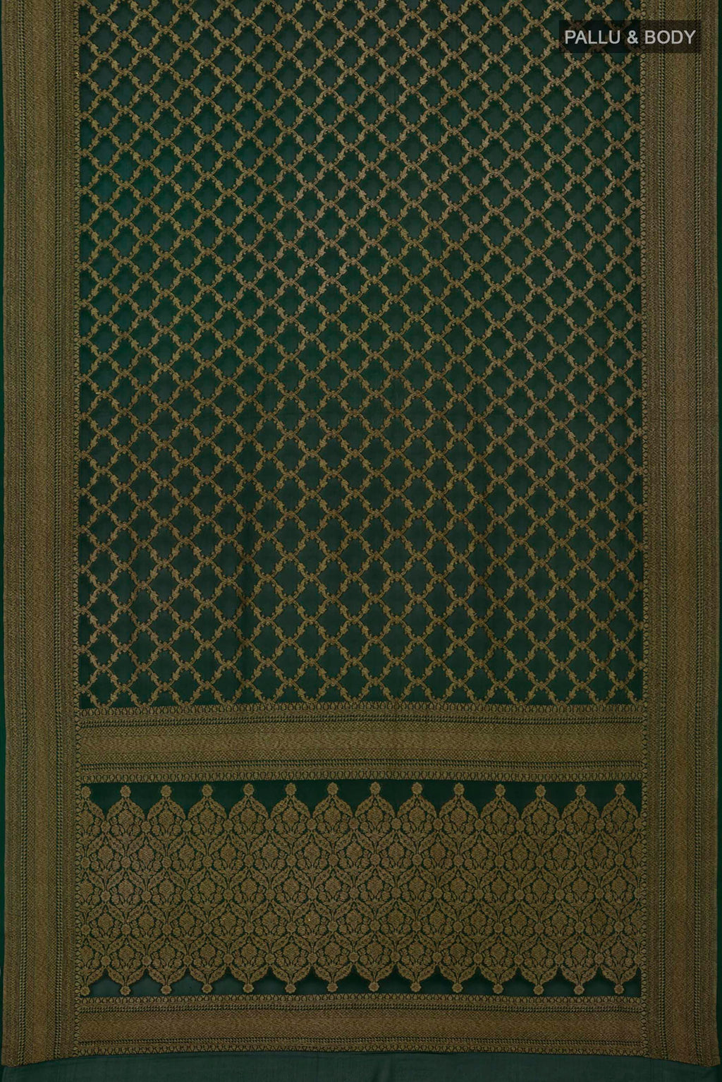 Flat view of Green Georgette Saree with Fancy on the body and Zari Border. 