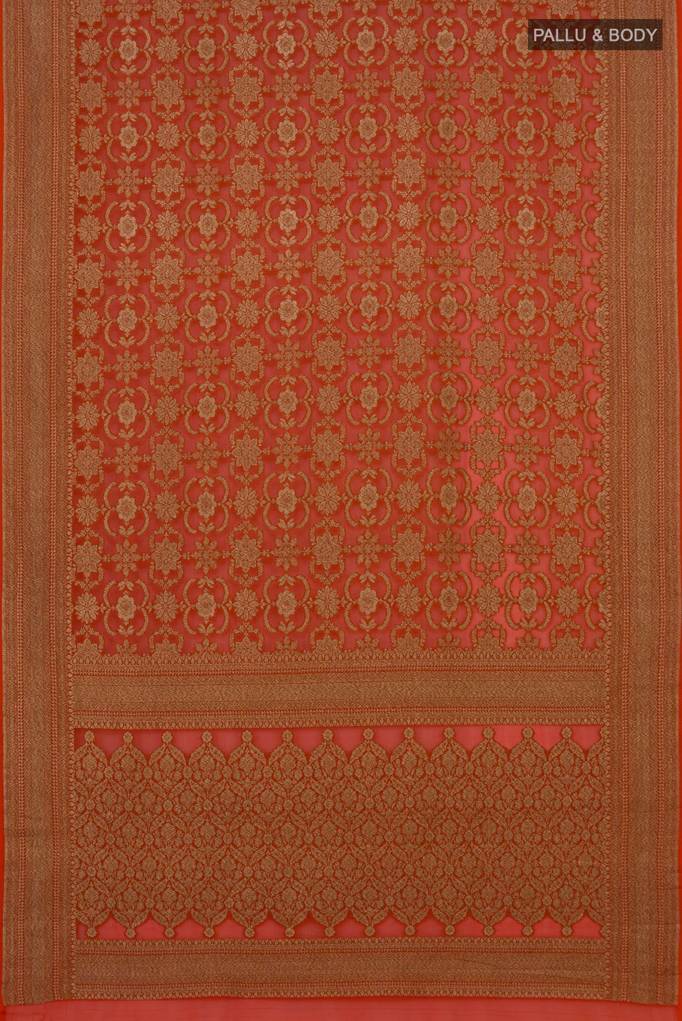 Flat view of Orange Banarasi Georgette Saree with Zari Brocade on the body and Zari Border. 