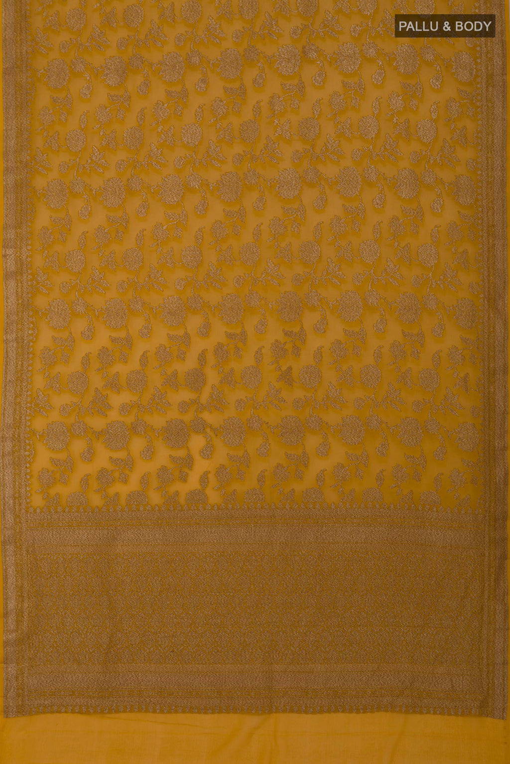 Flat view of Mustard Banarasi Georgette Saree with Zari Brocade on the body and Zari Border. 