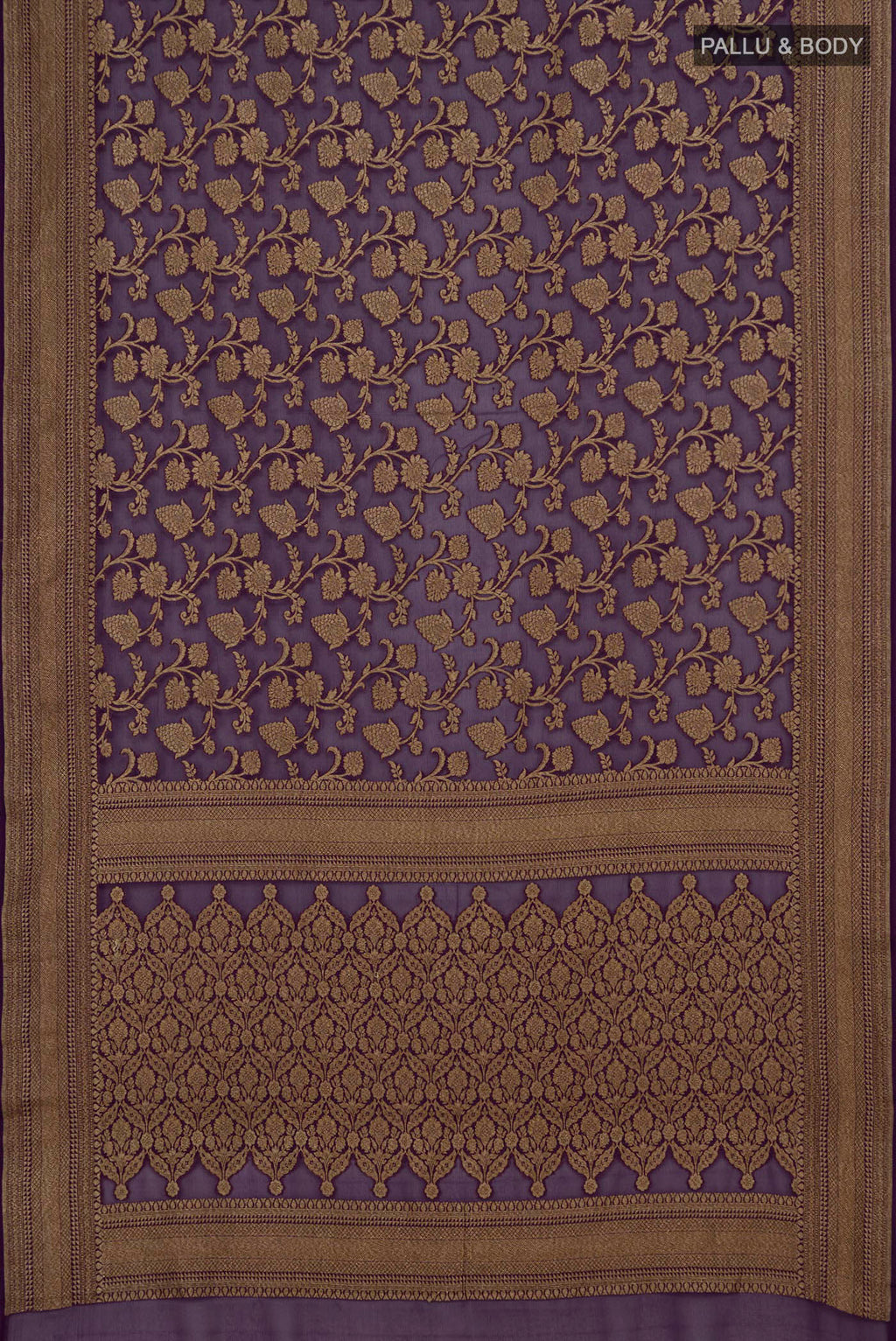 Flat view of Purple Banarasi Georgette Saree with Zari Brocade on the body and Zari Border. 