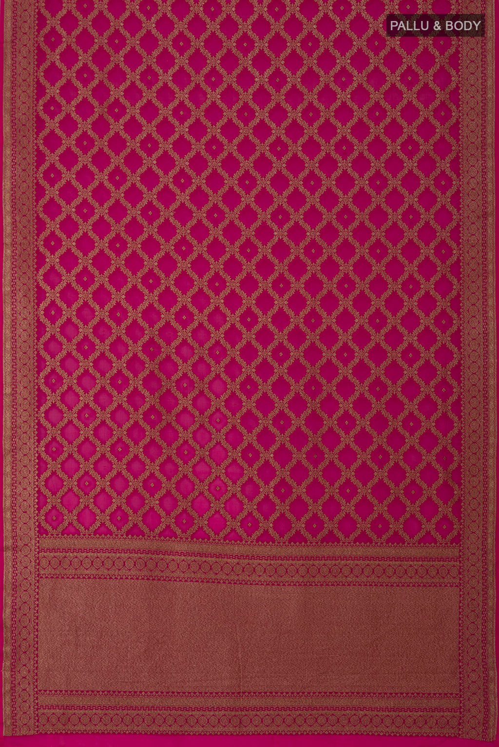 Flat view of Rani Pink Banarasi Georgette Saree with Zari Butta on the body and Fancy Border. 