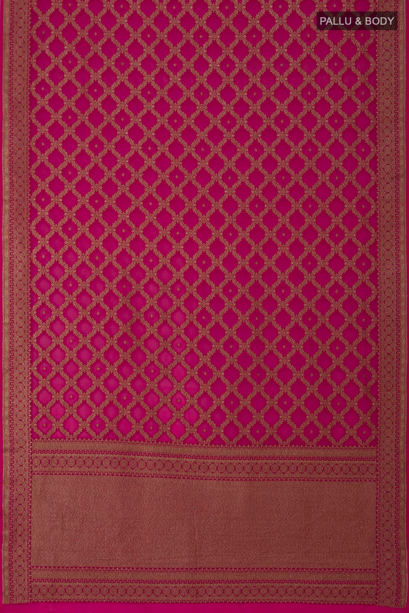 Flat view of Rani Pink Banarasi Georgette Saree with Zari Butta on the body and Fancy Border. 