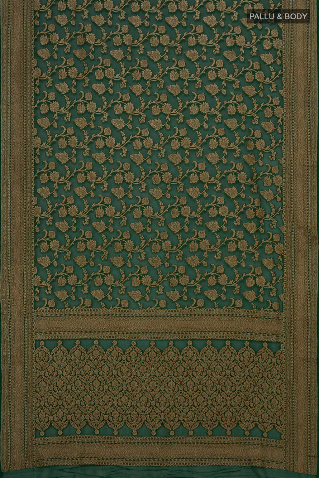 Flat view of Bottle Green Banarasi Georgette Saree with Zari Brocade on the body and Fancy Border. 