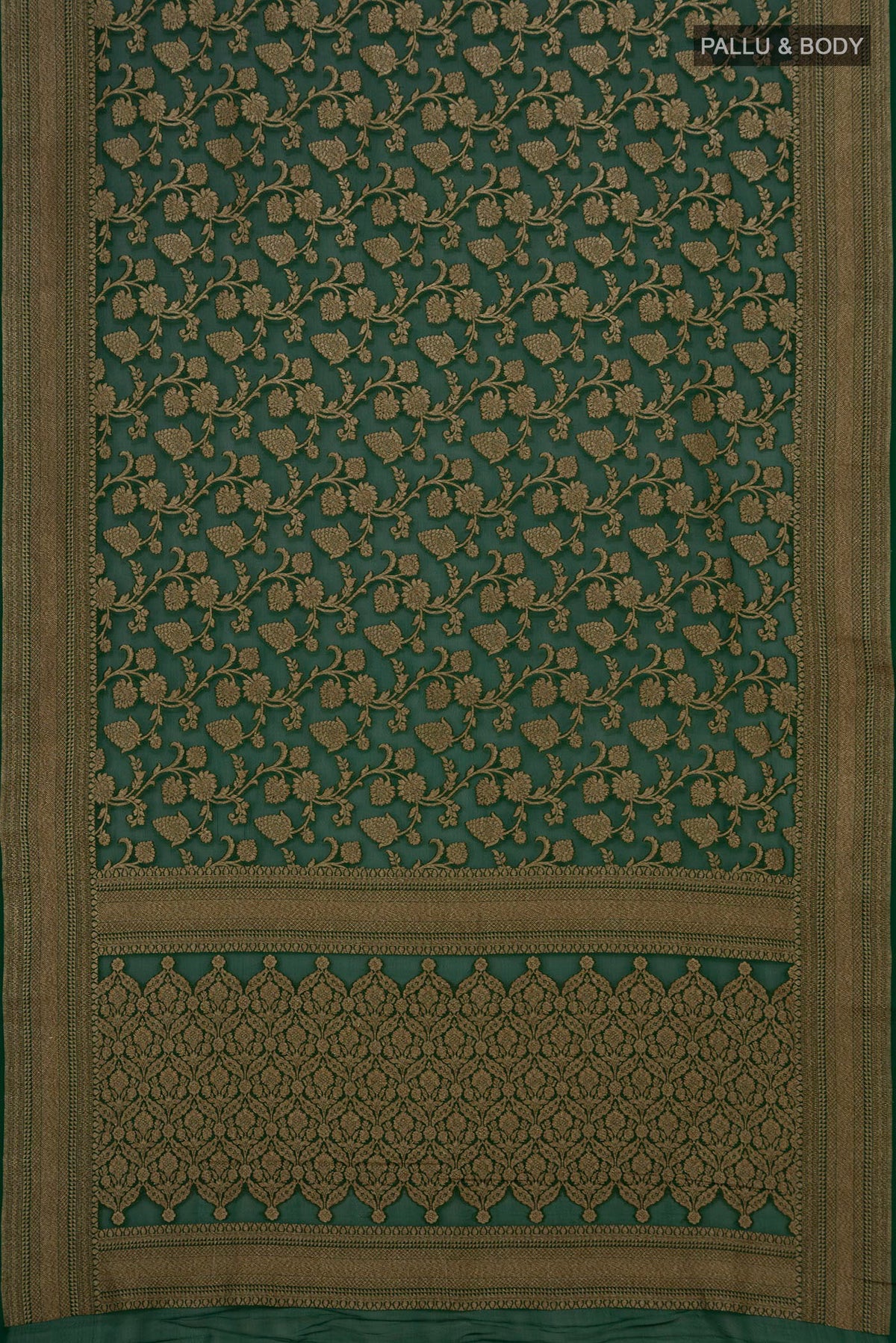 Flat view of Bottle Green Banarasi Georgette Saree with Zari Brocade on the body and Fancy Border. 
