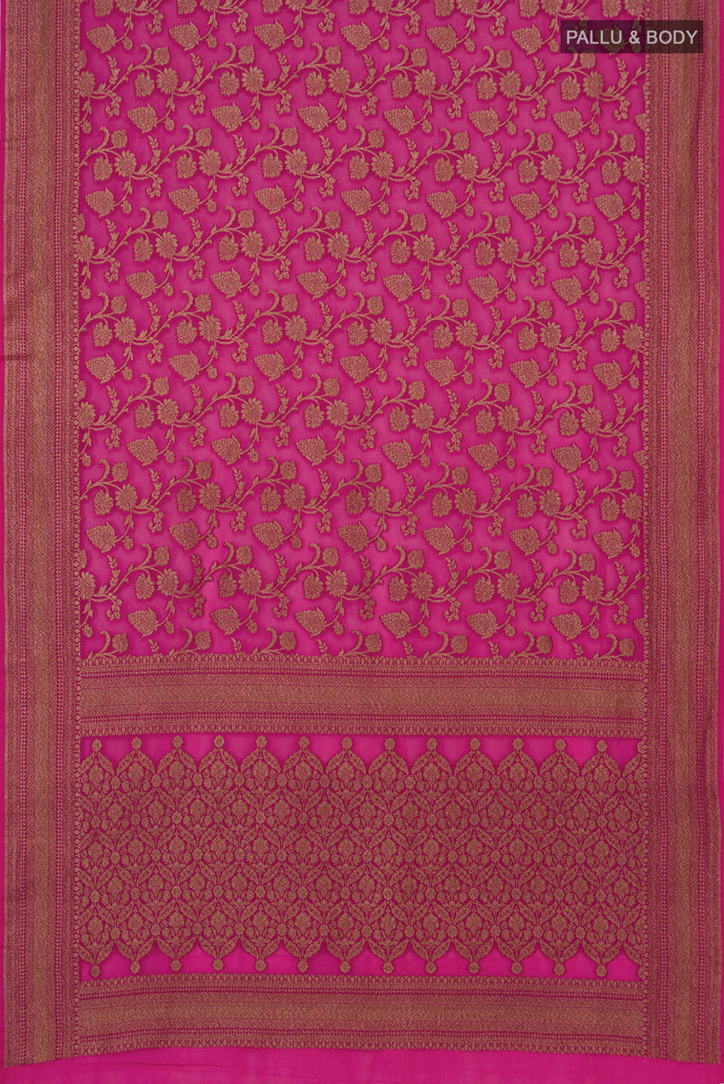 Flat view of Rani Pink Banarasi Georgette Saree with Zari Butta on the body and Zari Border. 