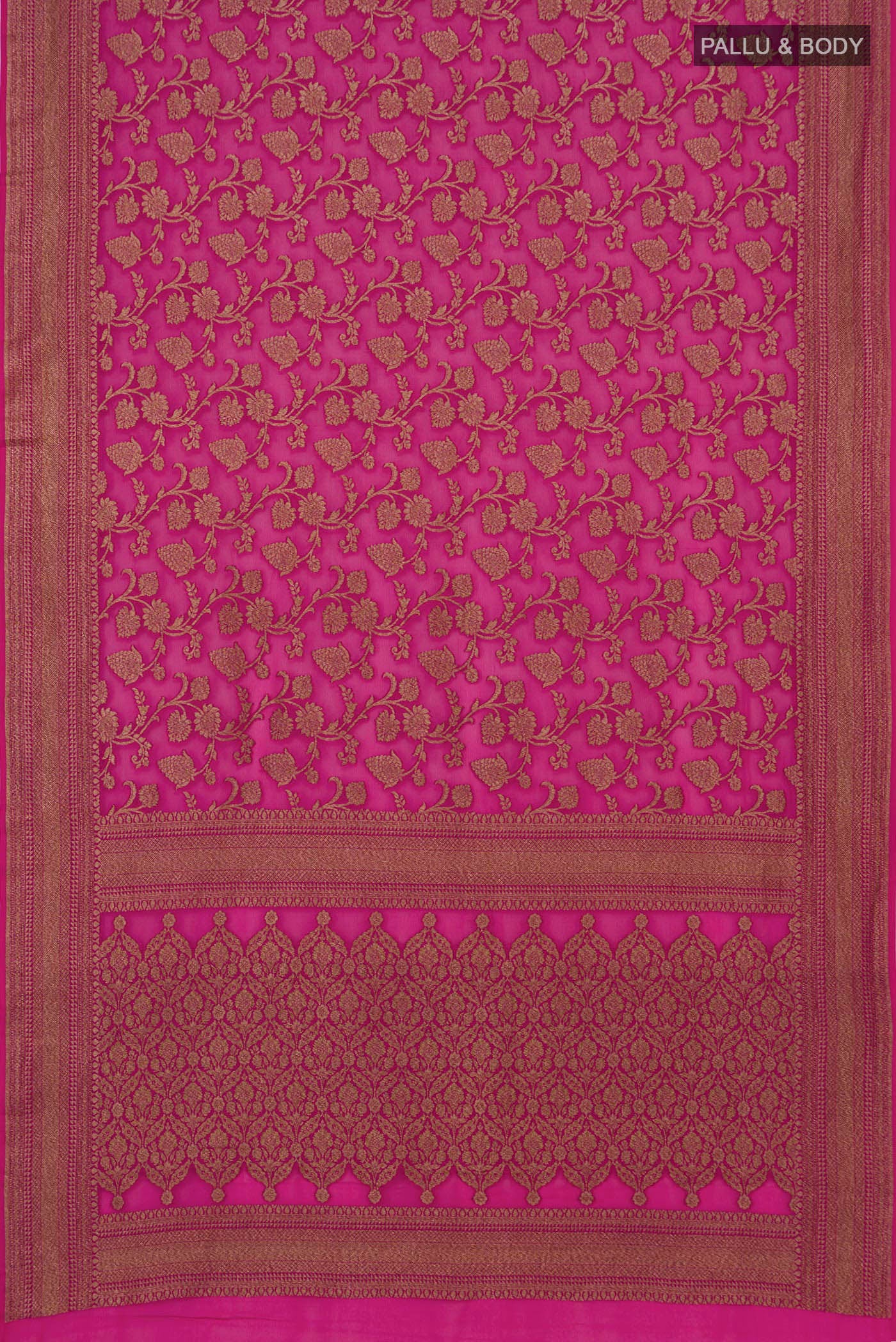 Flat view of Rani Pink Banarasi Georgette Saree with Zari Butta on the body and Zari Border. 