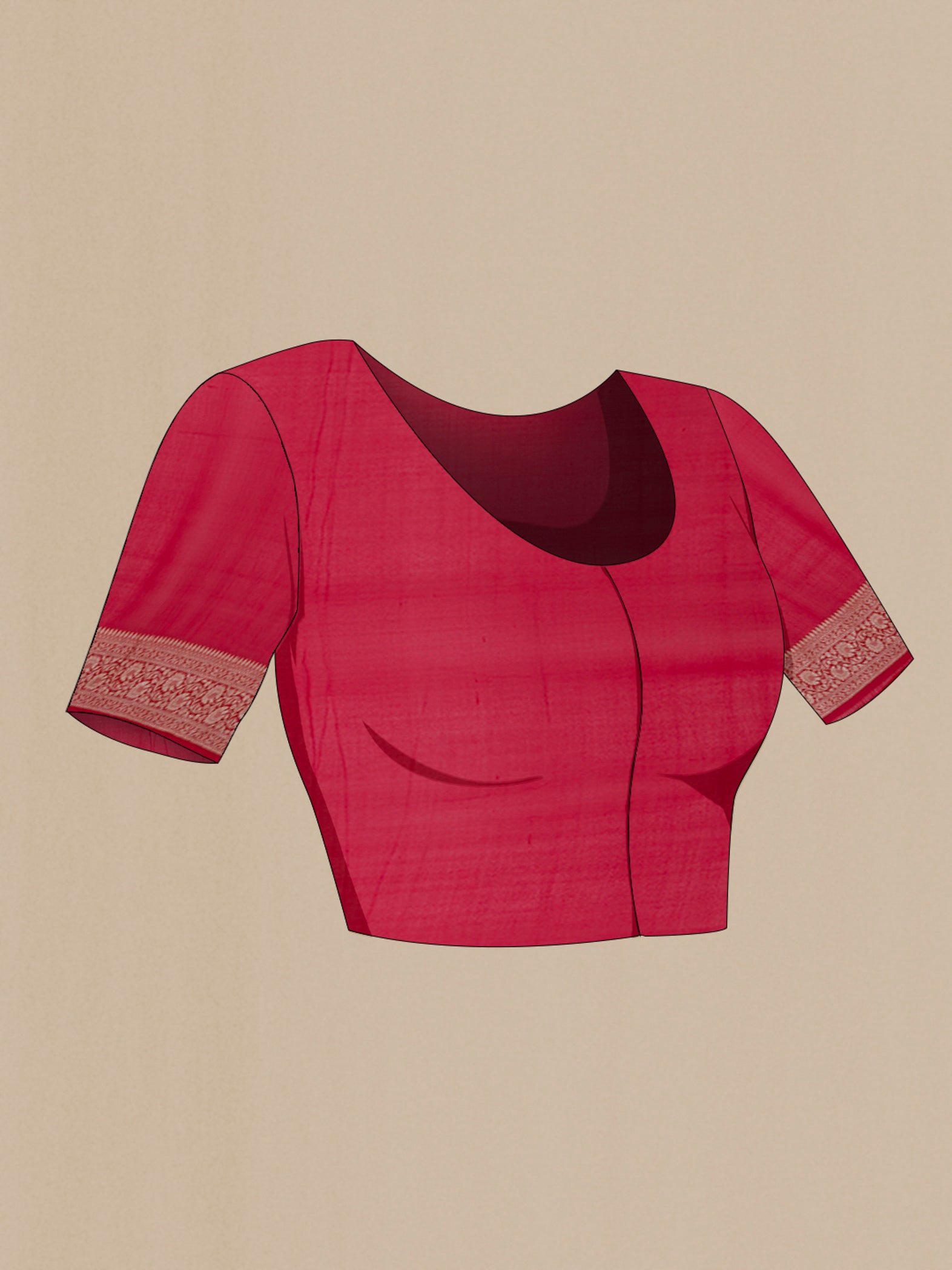 Close up image of the blouse of Red Banarasi Georgette Saree with Zari Butta on the body and Zari Border. 