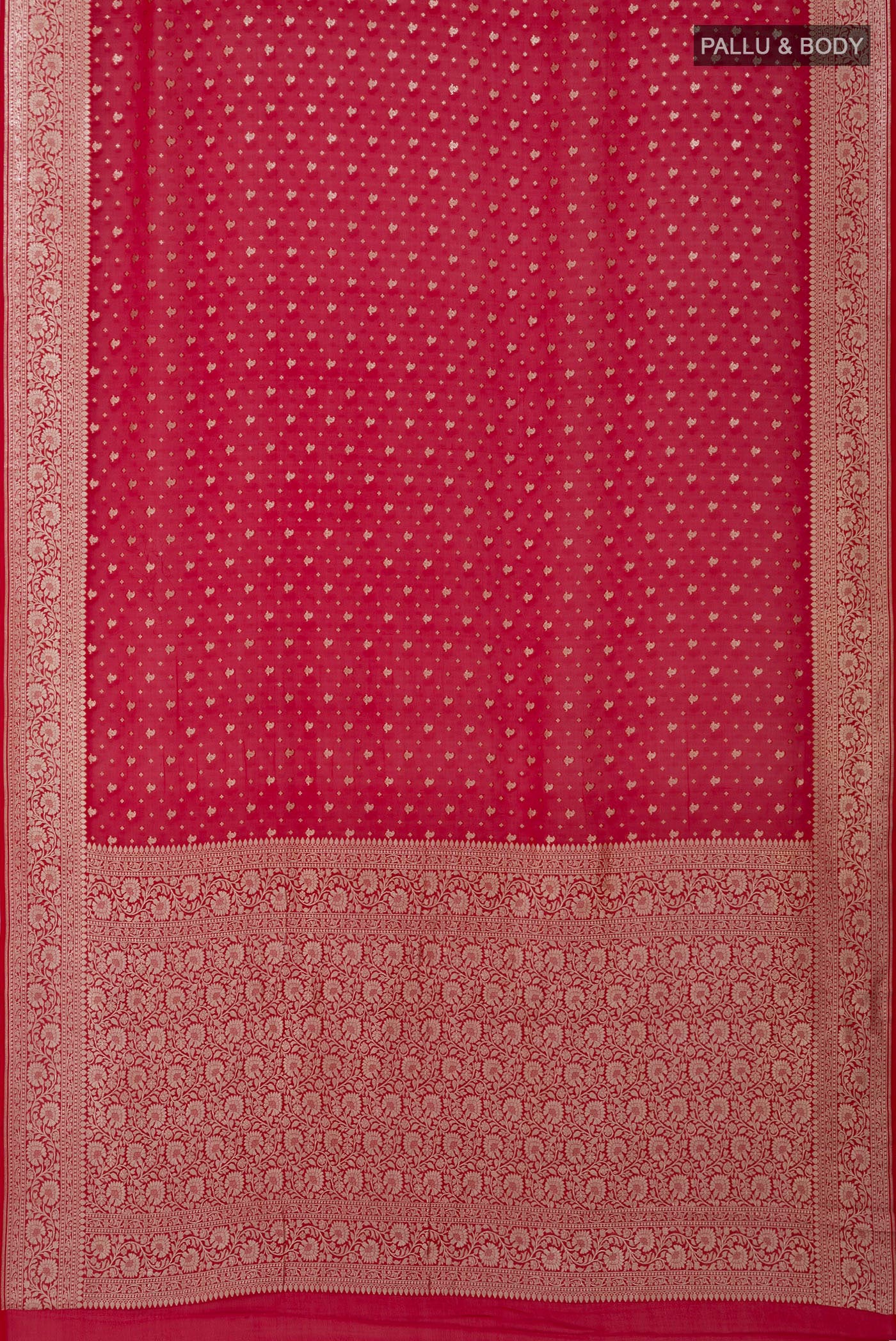 Flat view of Red Banarasi Georgette Saree with Zari Butta on the body and Zari Border. 