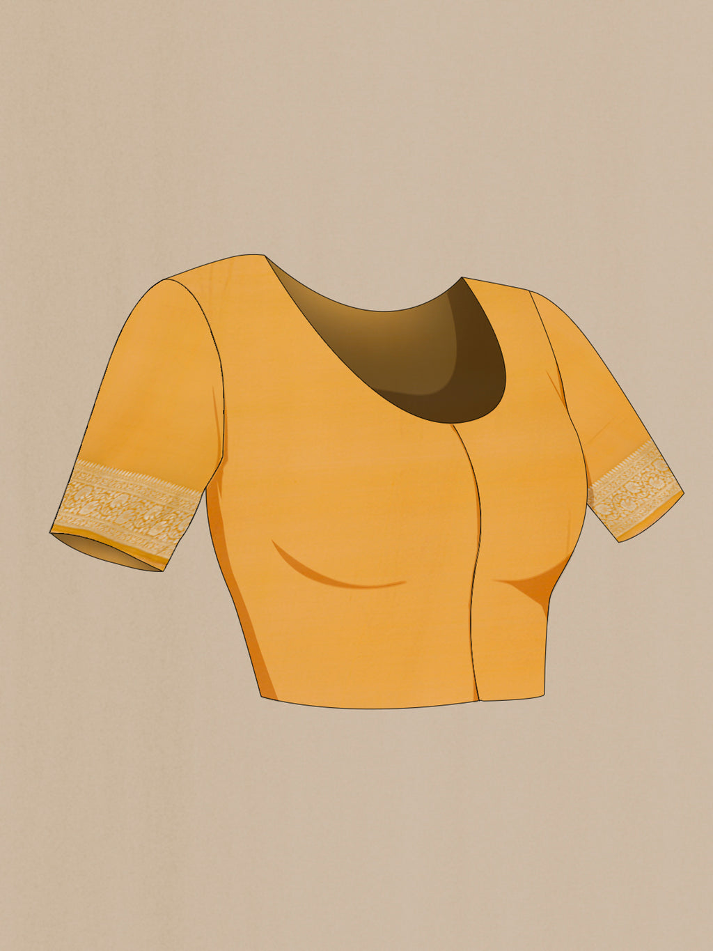 Close up image of the blouse of Mustard Banarasi Georgette Saree with Zari Butta on the body and Zari Border. 
