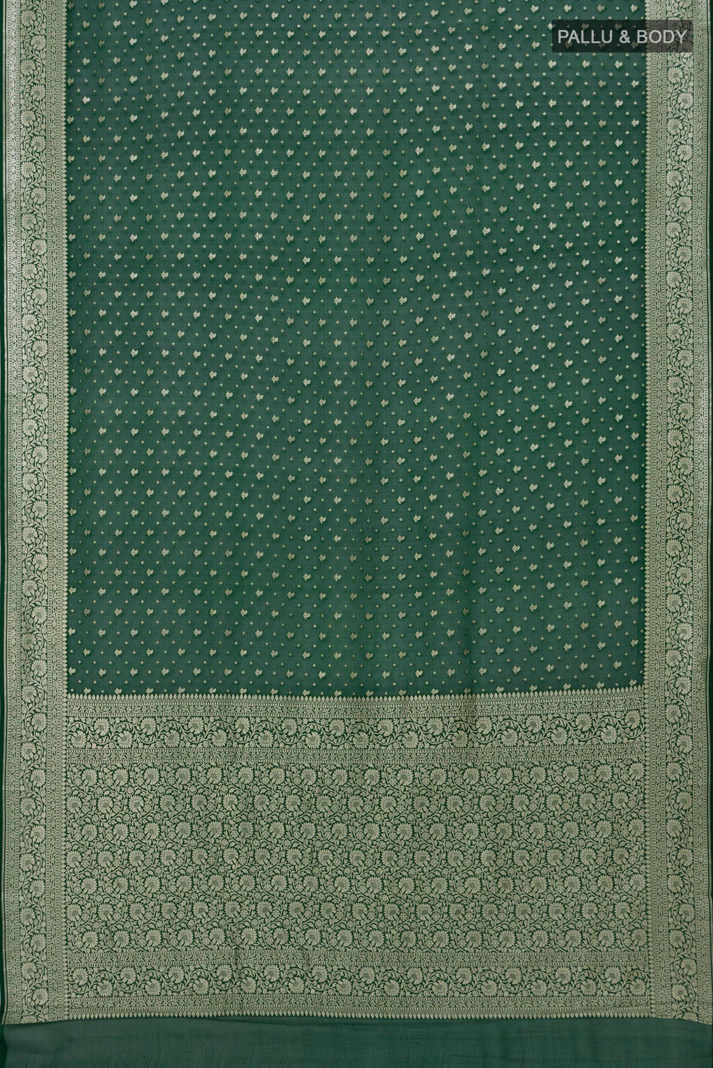 Flat view of Bottle Green Banarasi Georgette Saree with Zari Butta on the body and Zari Border. 