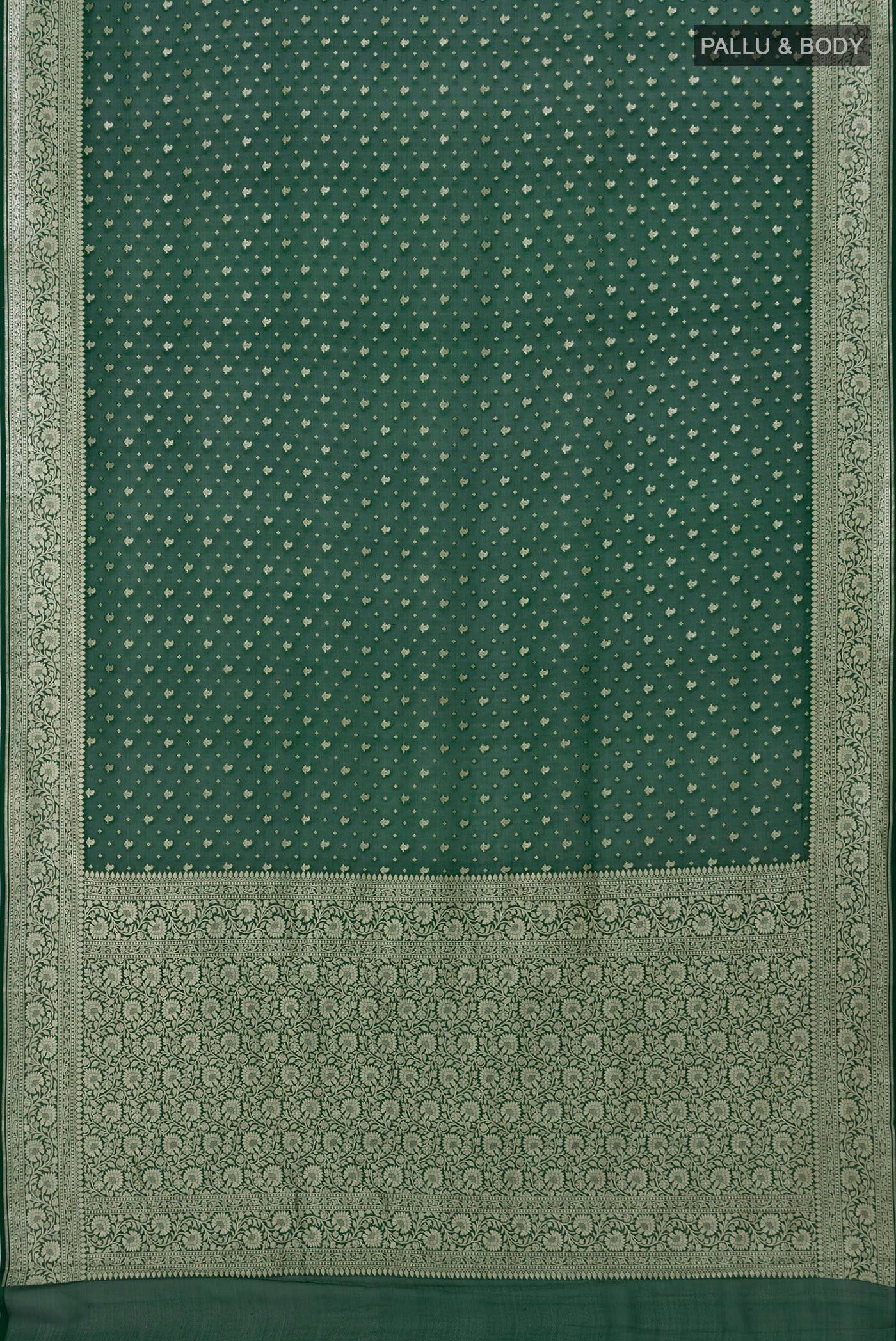 Flat view of Bottle Green Banarasi Georgette Saree with Zari Butta on the body and Zari Border. 