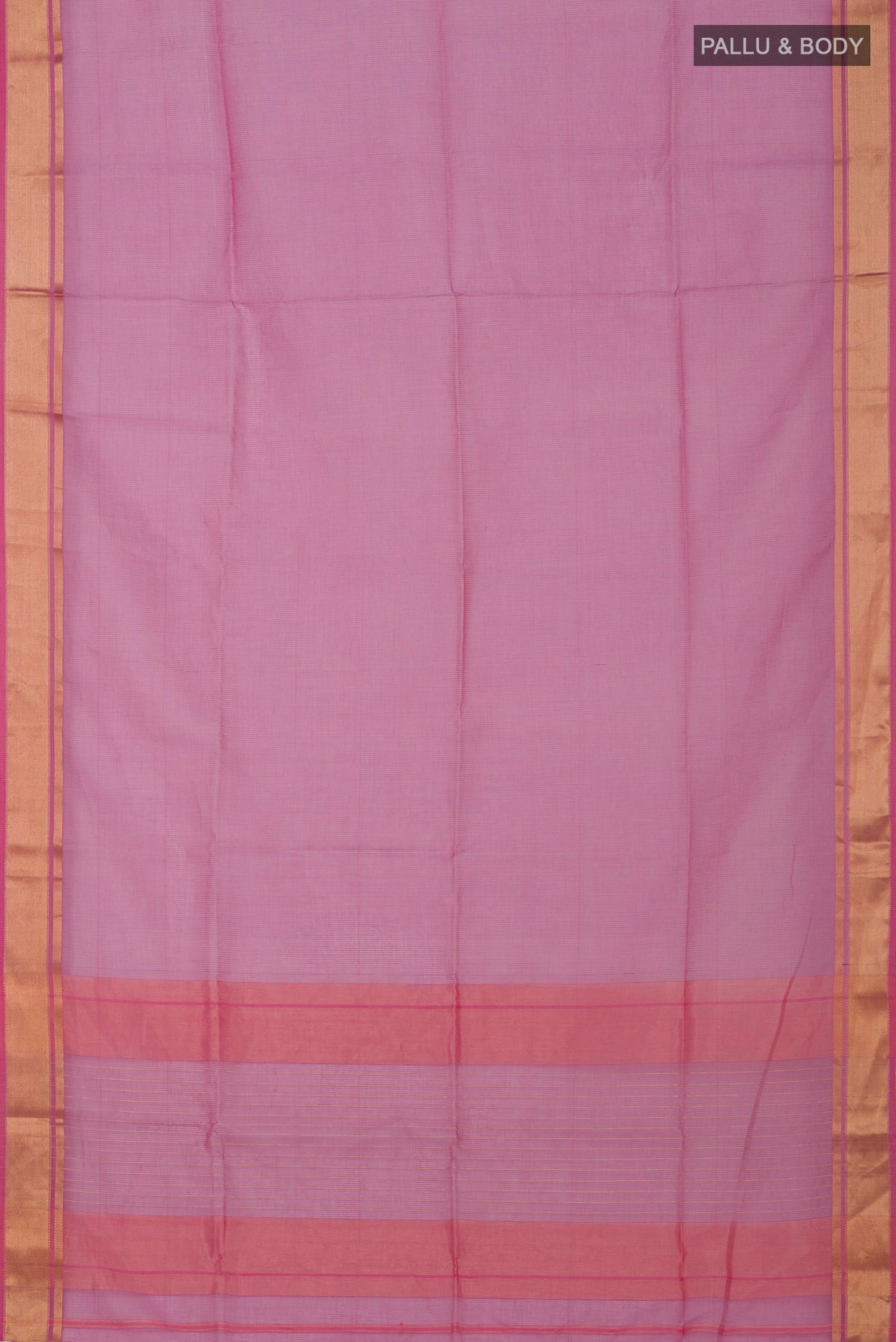 Flat view of Pink Maheshwari Silk Cotton Saree with Checked design on the body and Zari Border. 