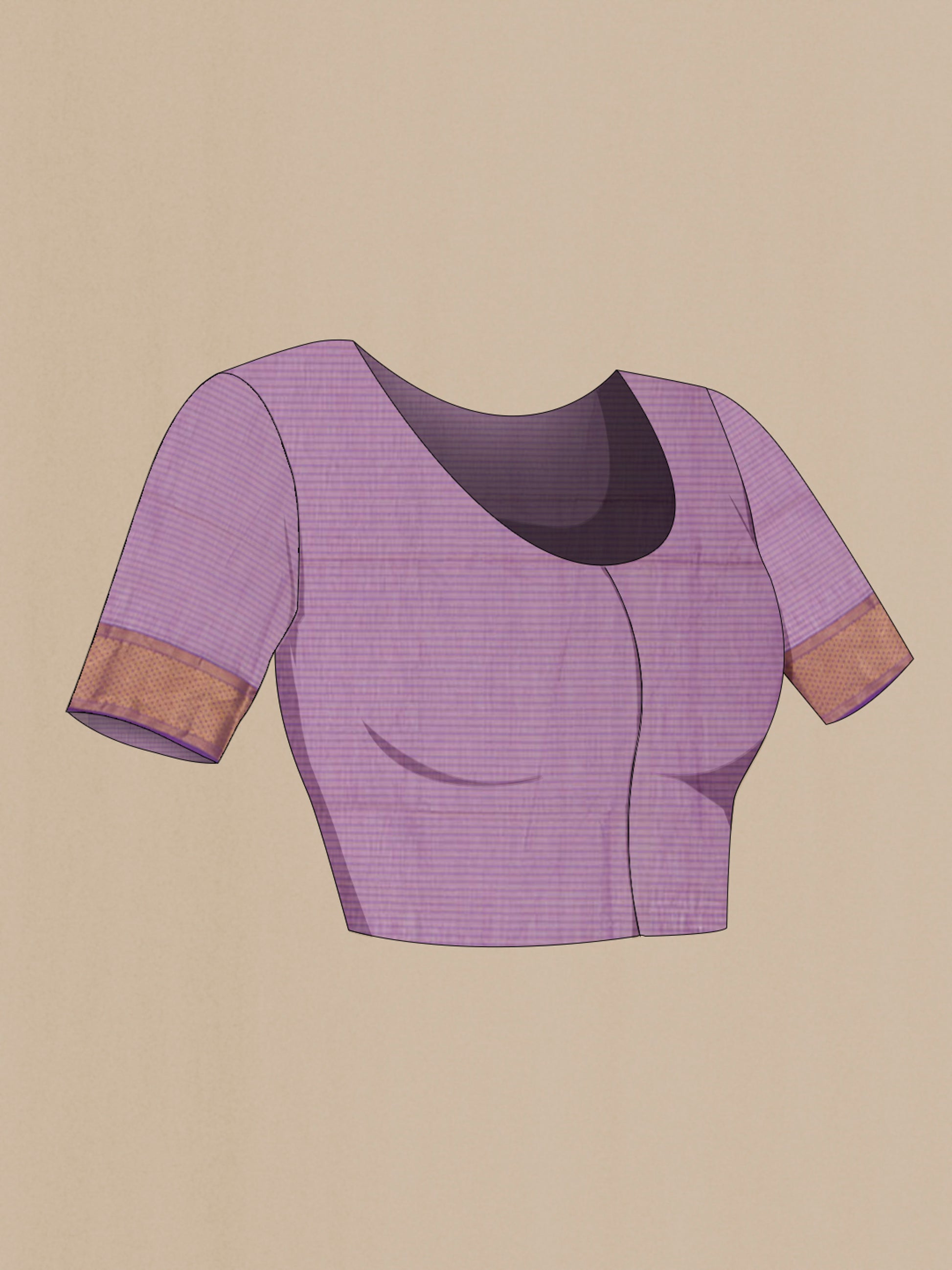 Close up image of the blouse of Pink Maheshwari Silk Cotton Saree with Stripes on the body and Zari Border. 
