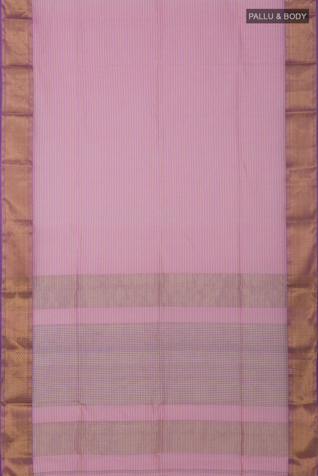Flat view of Pink Maheshwari Silk Cotton Saree with Stripes on the body and Zari Border. 