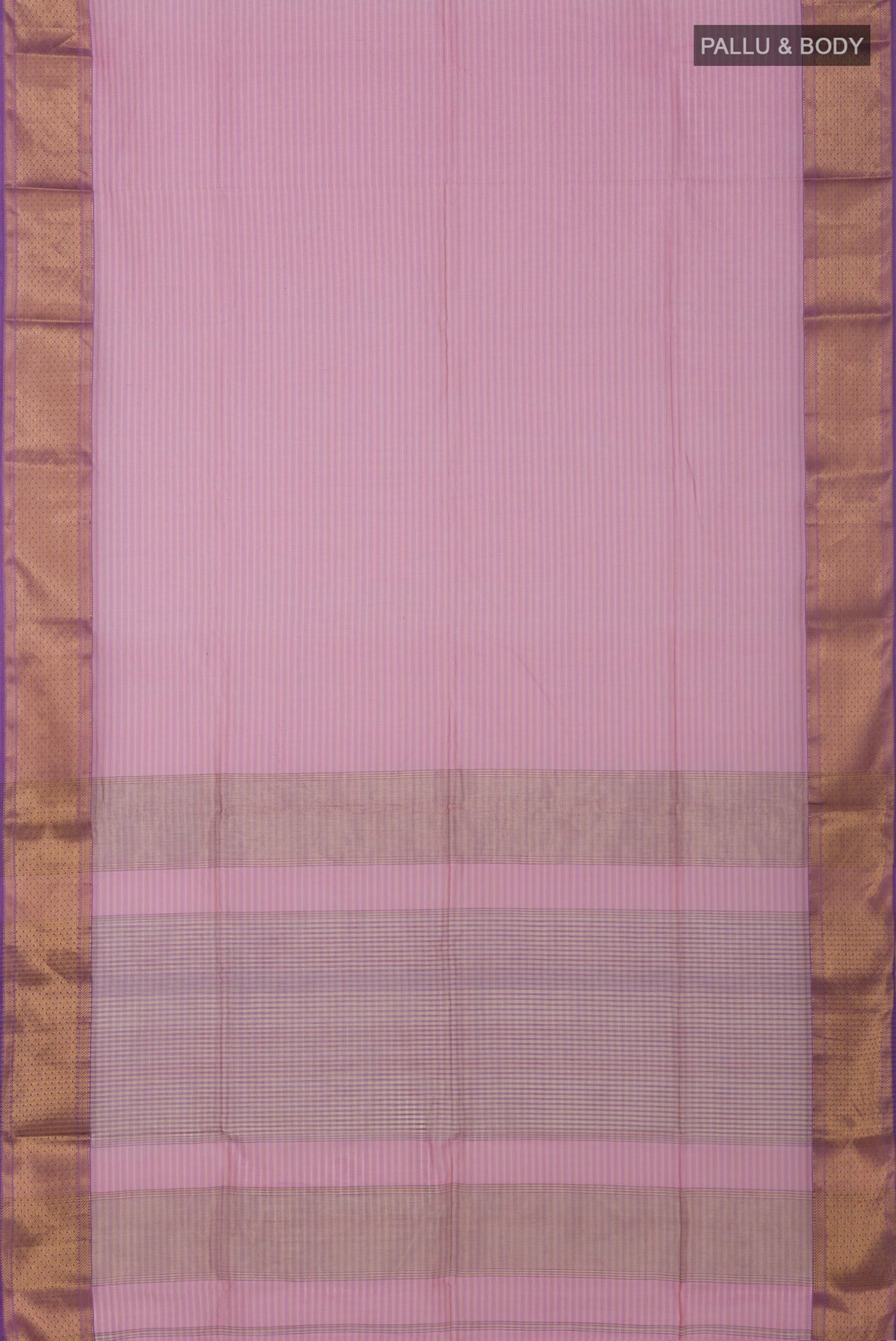Flat view of Pink Maheshwari Silk Cotton Saree with Stripes on the body and Zari Border. 