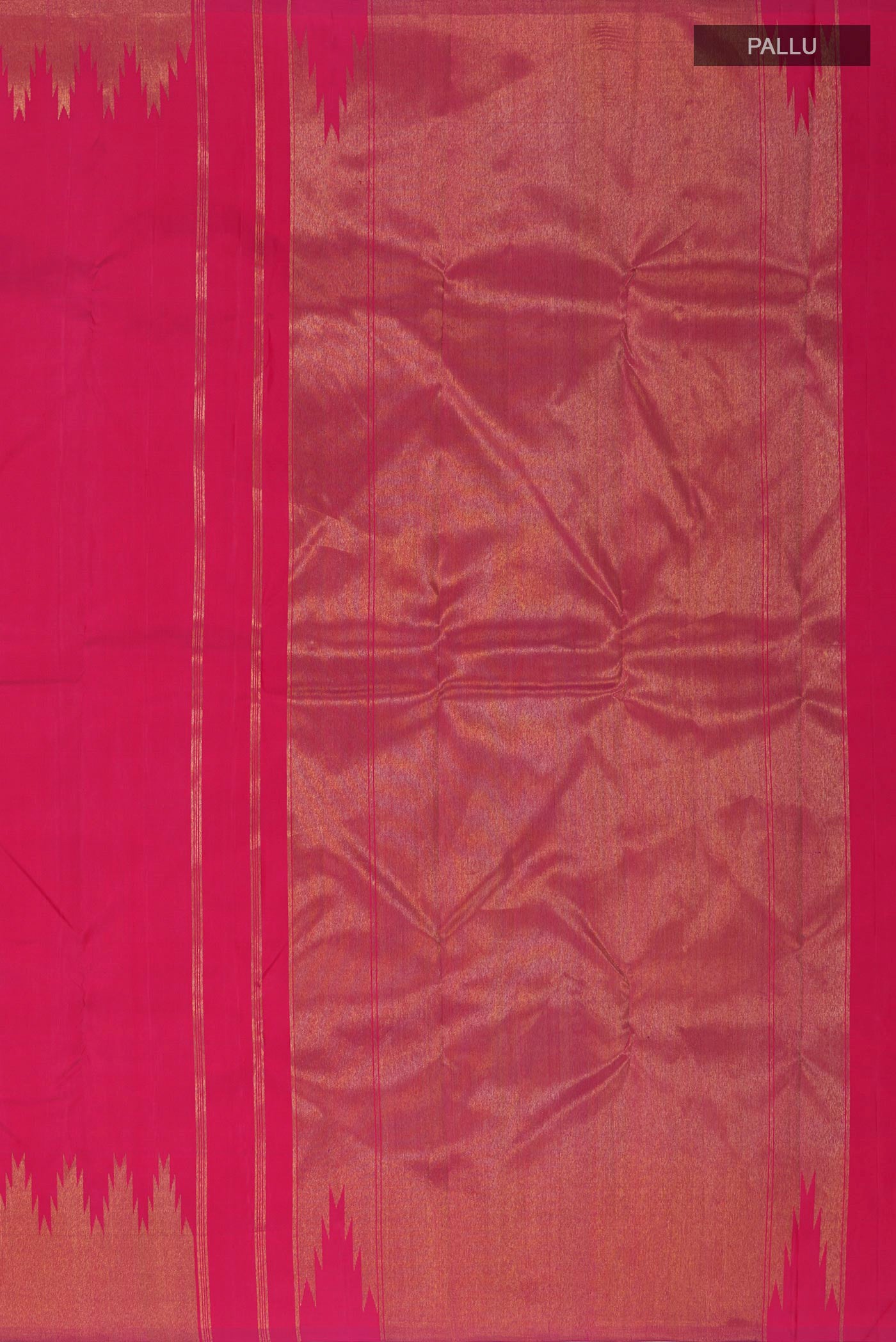 Close up image of the pallu of Pure Silk Pure Zari Pink Kanchipuram Saree with Plain Body and Temple Border. 