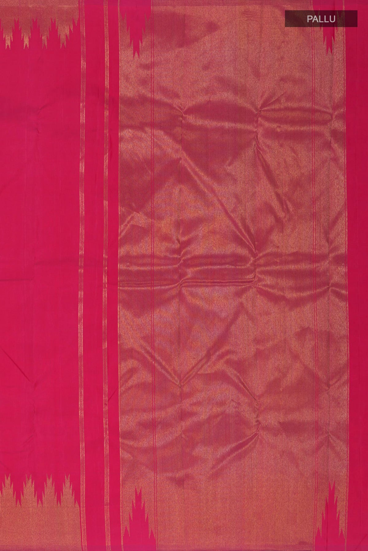 Close up image of the pallu of Pure Silk Pure Zari Pink Kanchipuram Saree with Plain Body and Temple Border. 