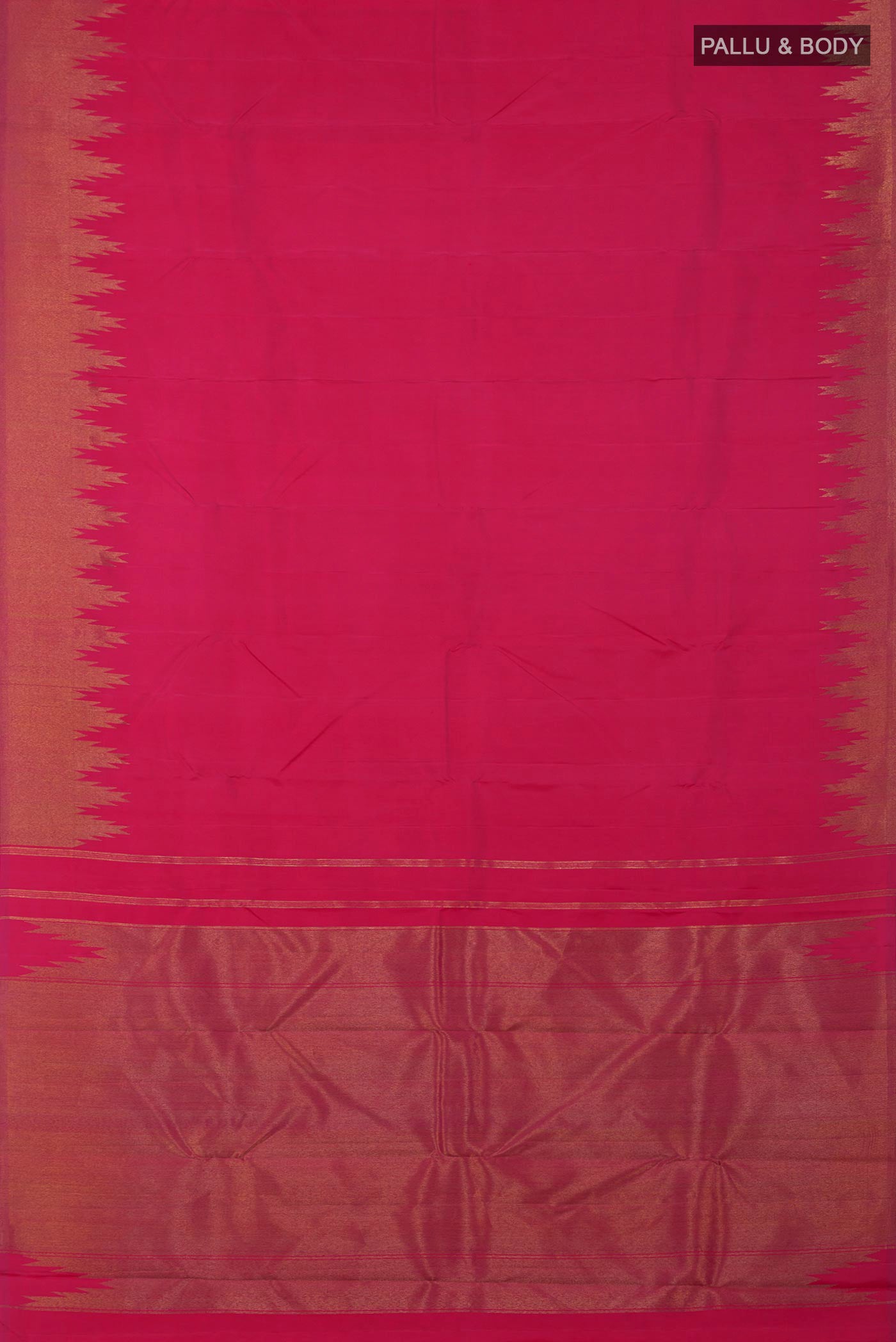 Flat view of Pure Silk Pure Zari Pink Kanchipuram Saree with Plain Body and Temple Border. 